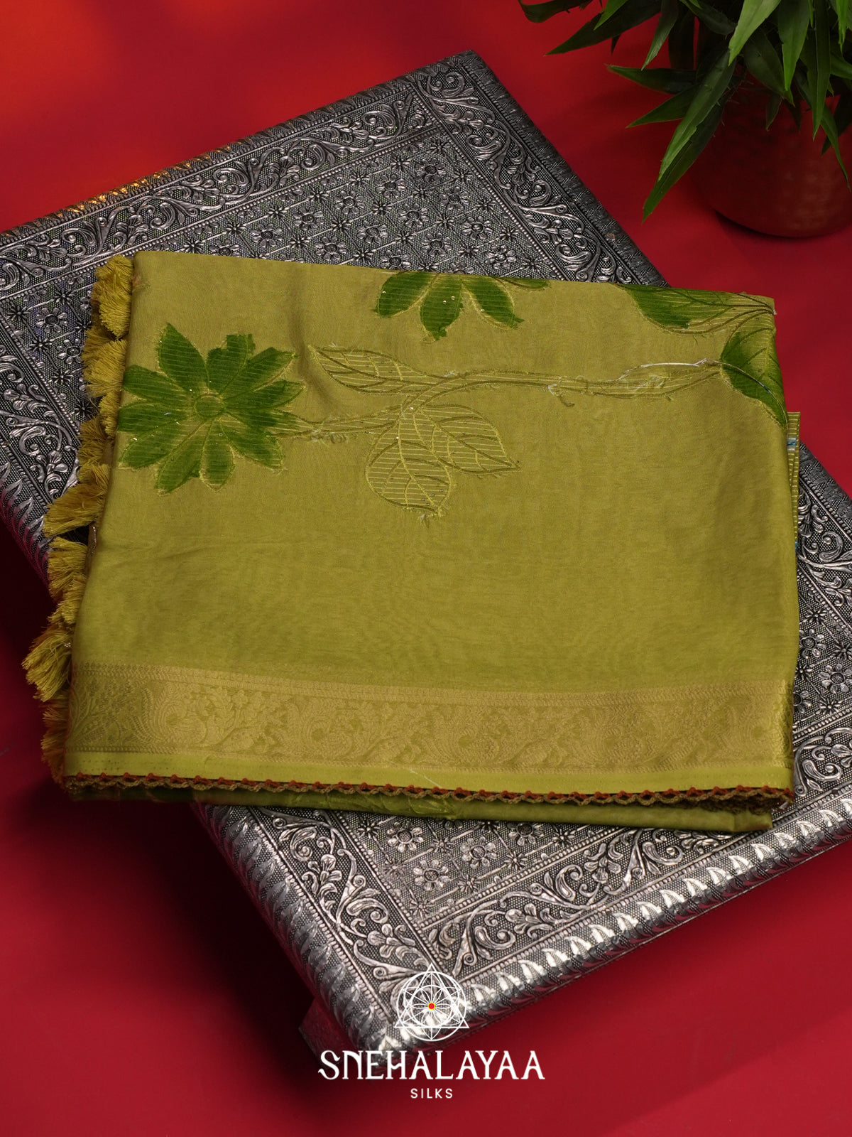 Olive Green Semi Crepe Silk Saree