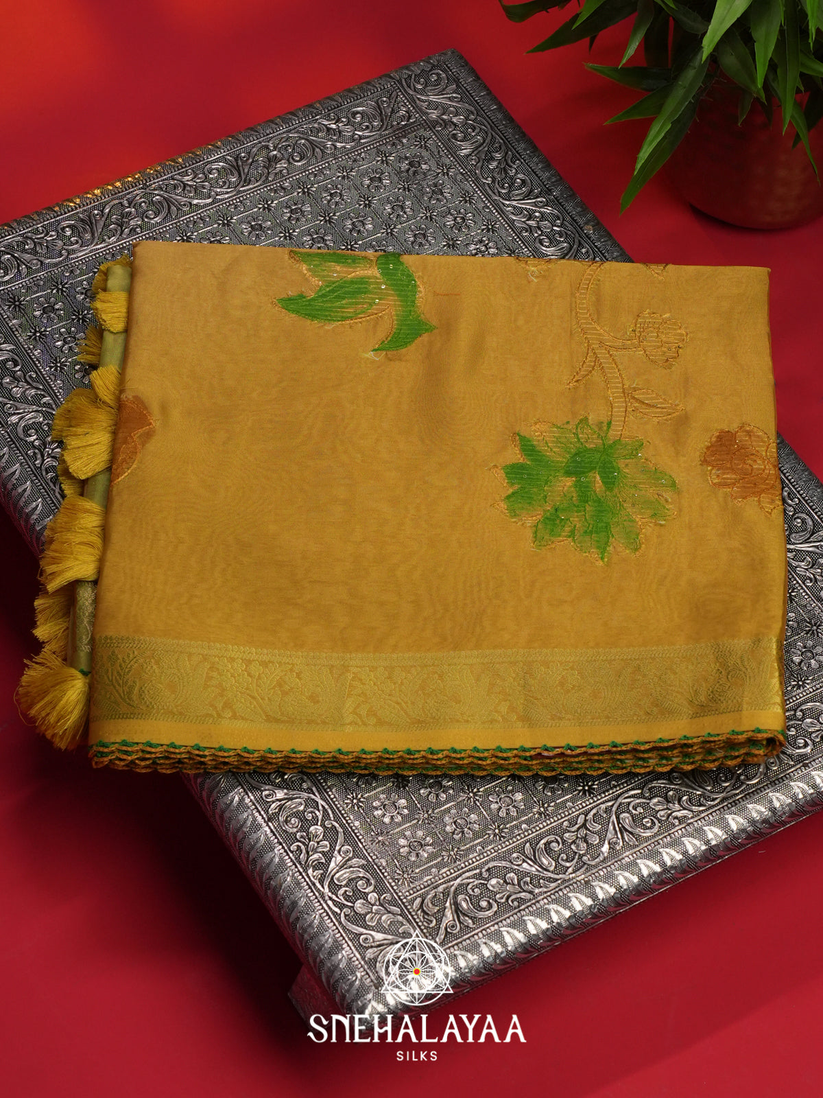 Mustard Semi Crepe Silk Saree