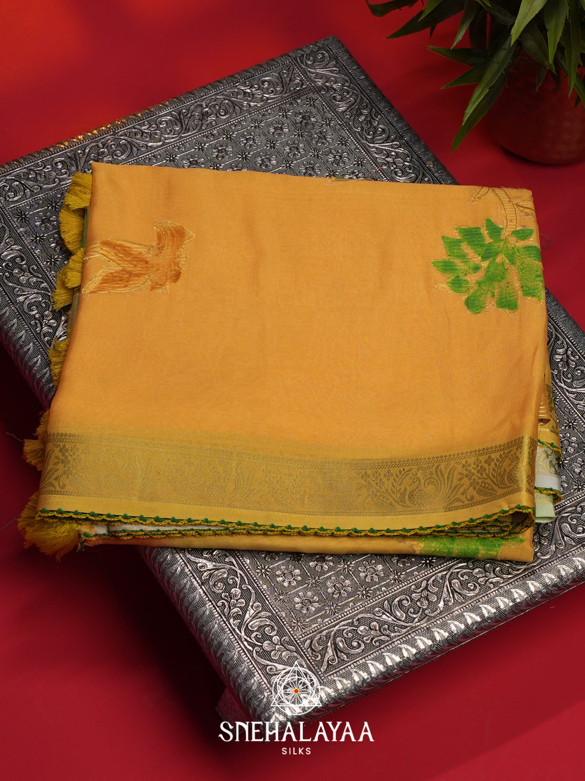 Yellow Semi Crepe Silk Saree