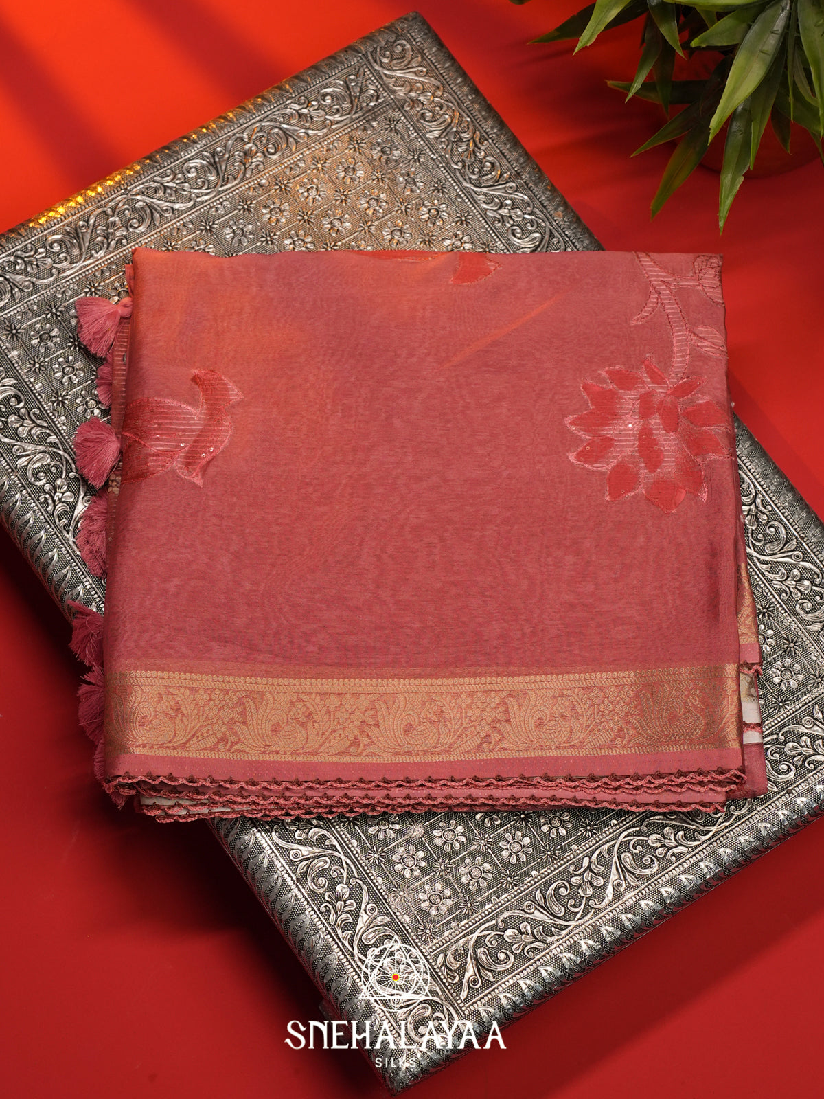Peach  Semi Crepe Silk Saree