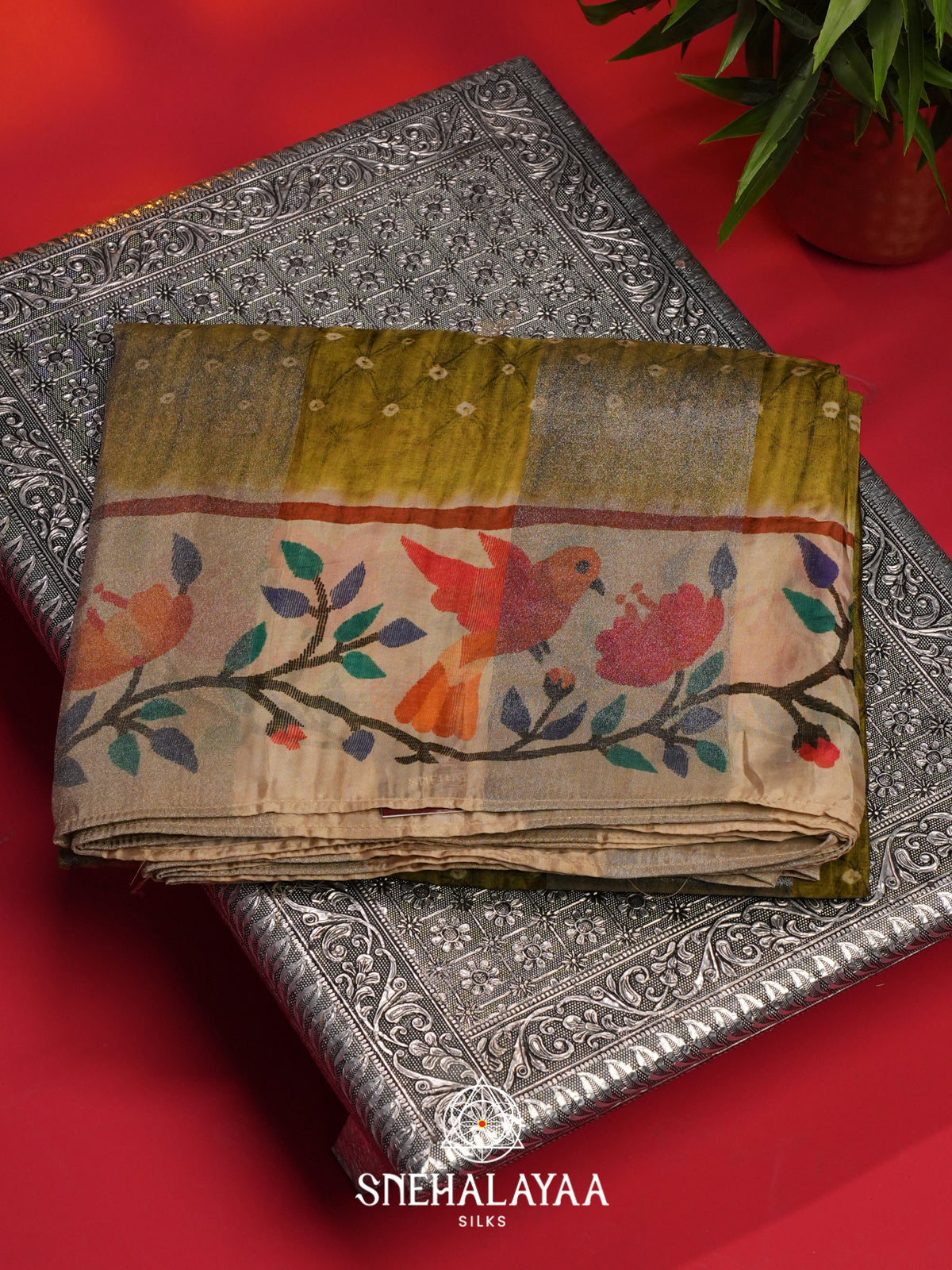 Mehendi Green Semi Crepe Silk Saree