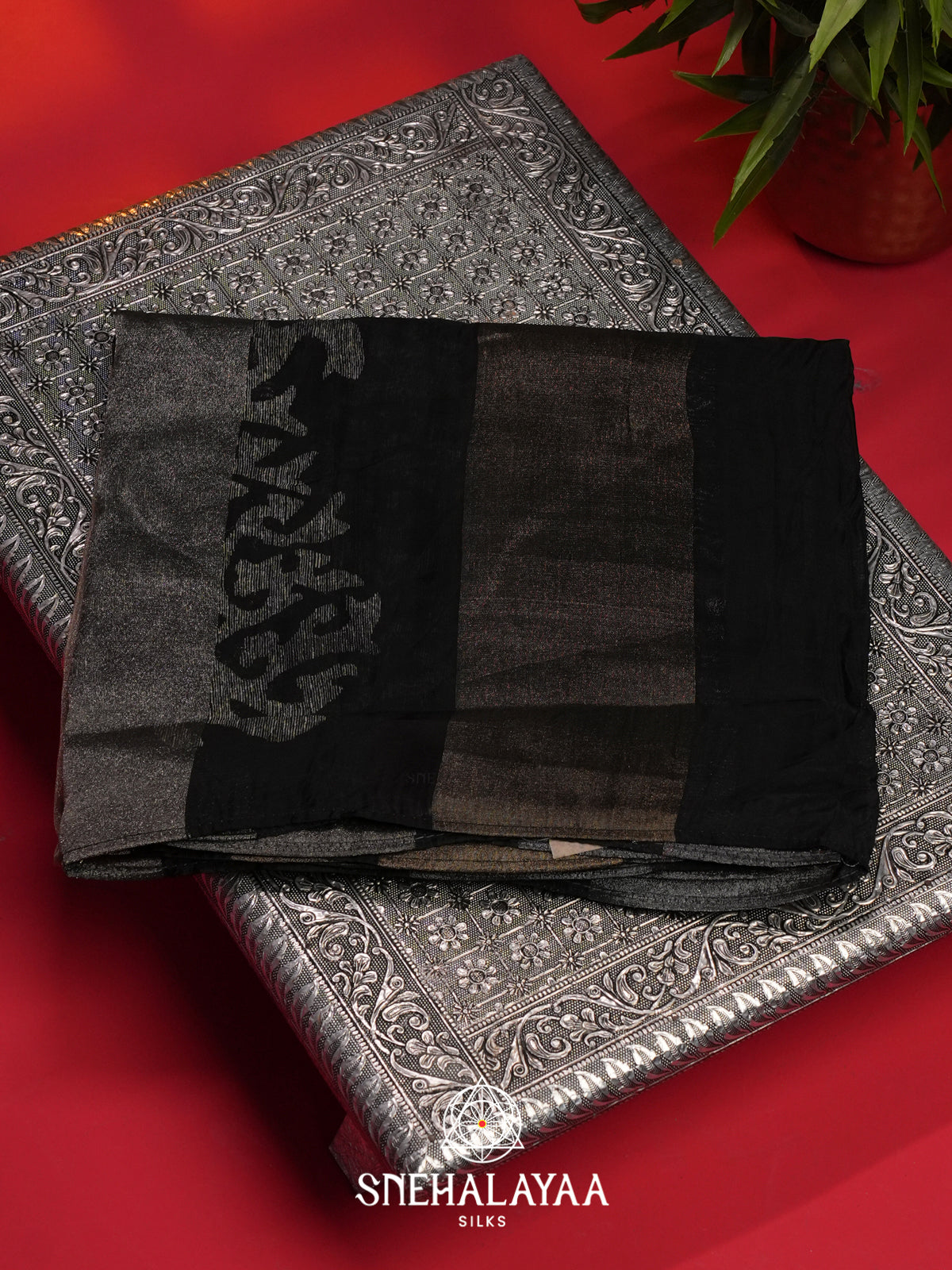 Cream with Black Semi Crepe Silk Saree