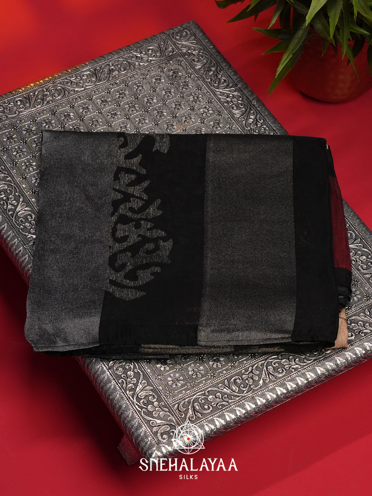 Cream with Black Semi Crepe Silk Saree