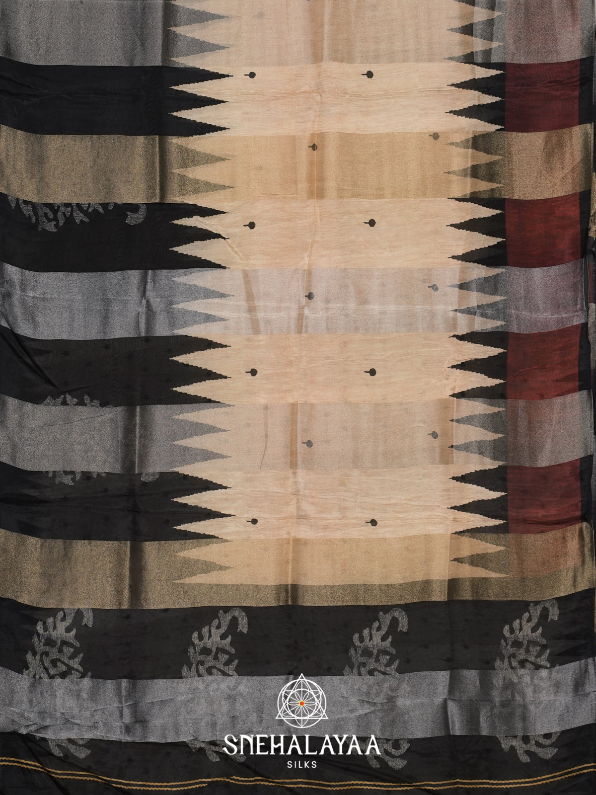 Cream with Black Semi Crepe Silk Saree