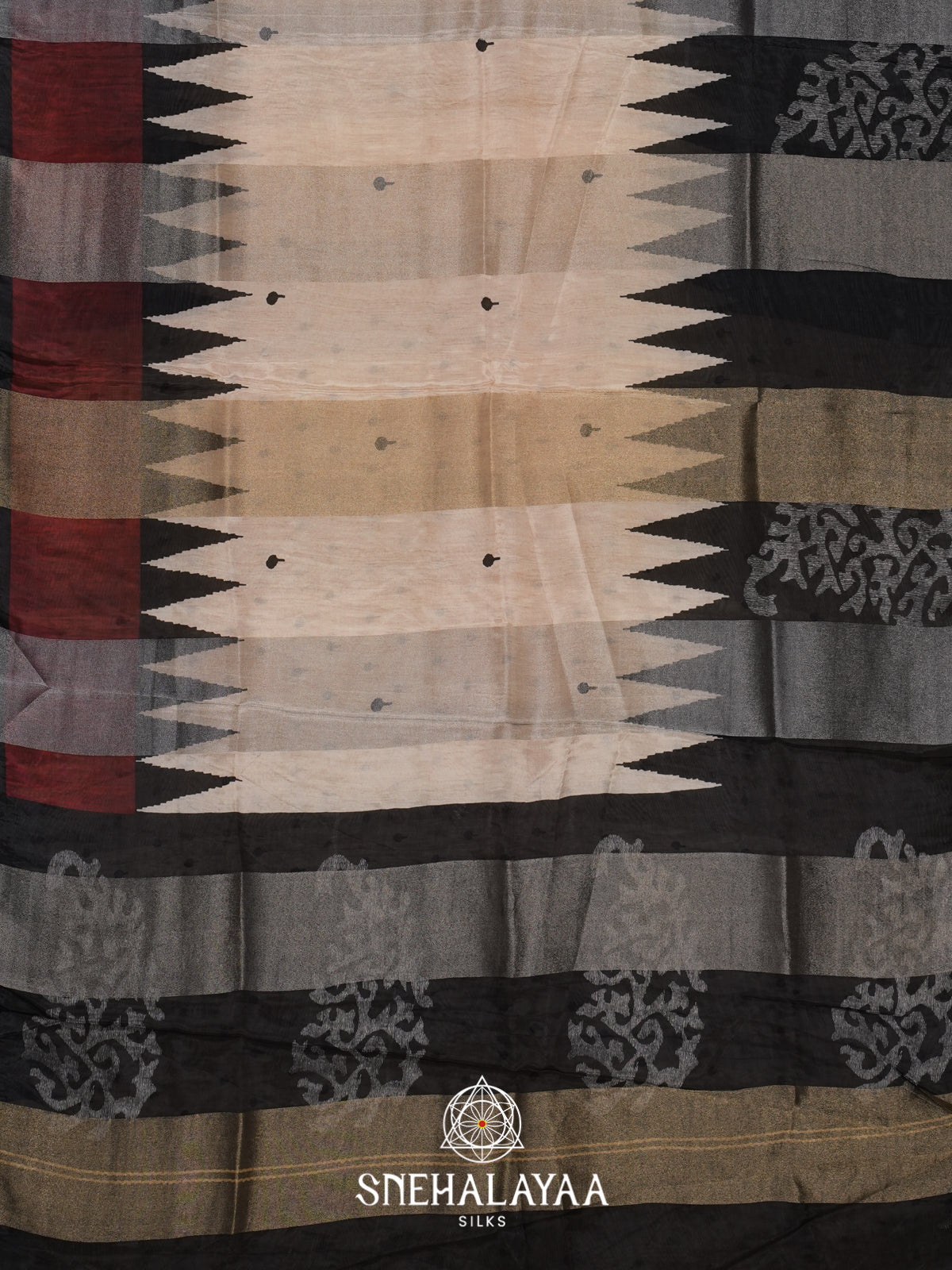 Cream with Black Semi Crepe Silk Saree