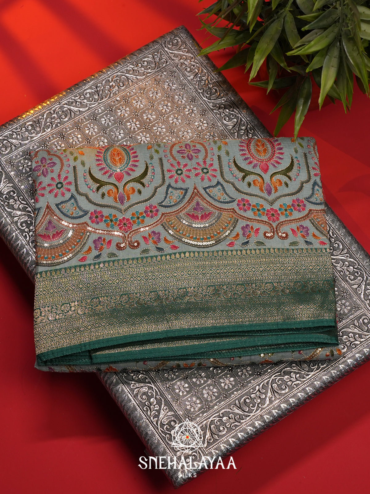 Greenish Grey  Banaras Saree