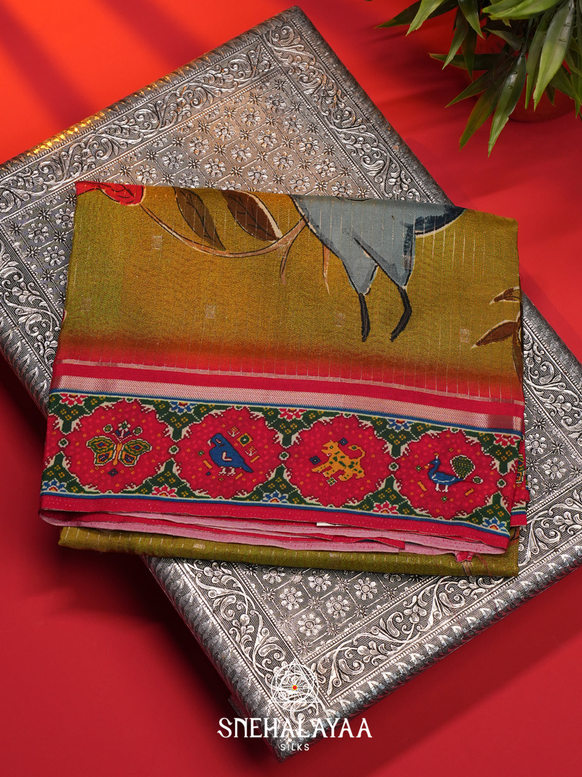 Olive Green  Semi Crepe Silk Saree