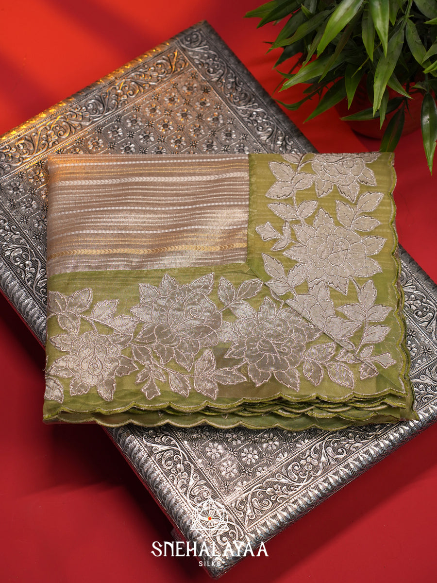 Cream with Olive Green  Tissue Saree