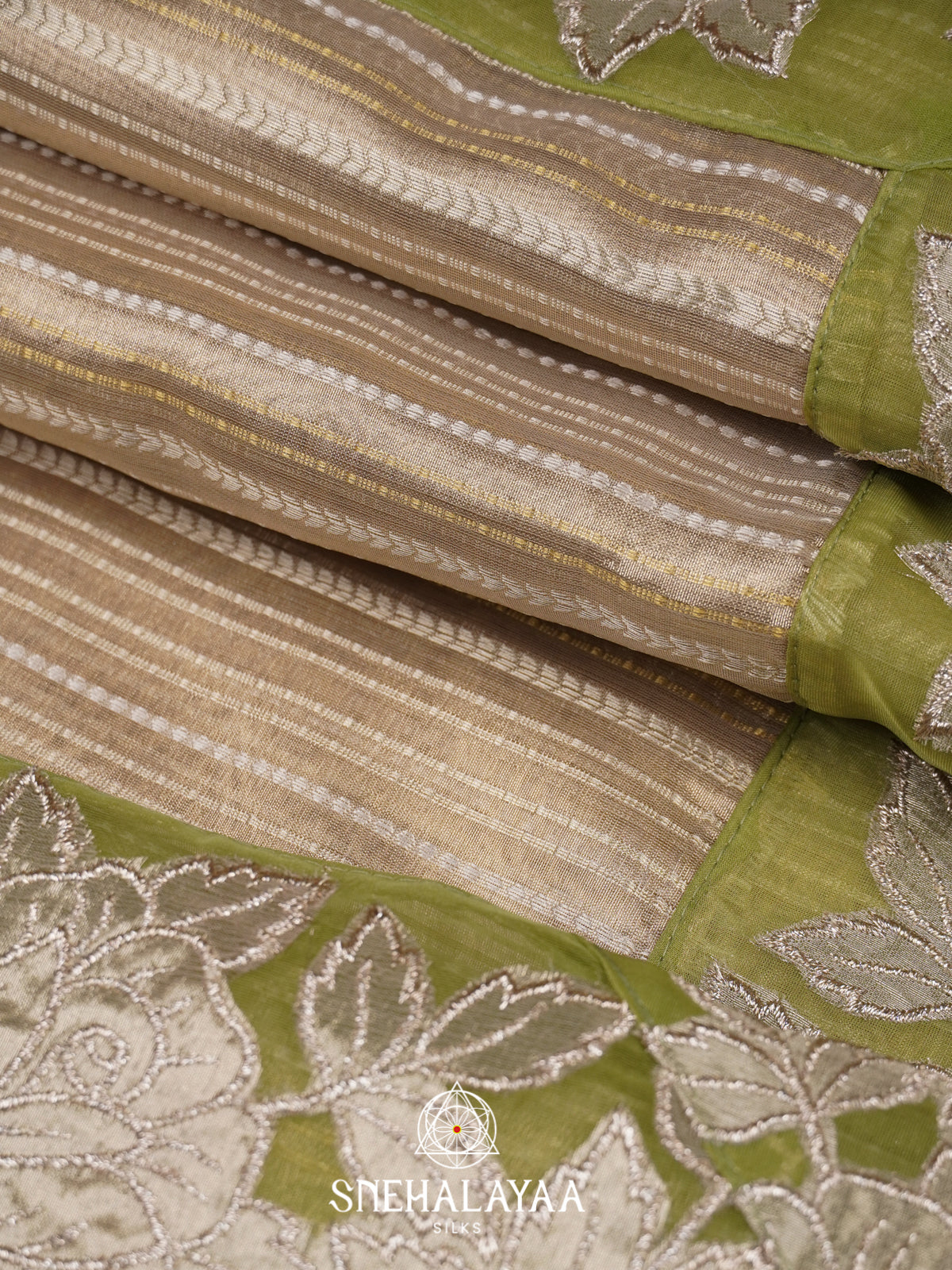 Cream with Olive Green  Tissue Saree