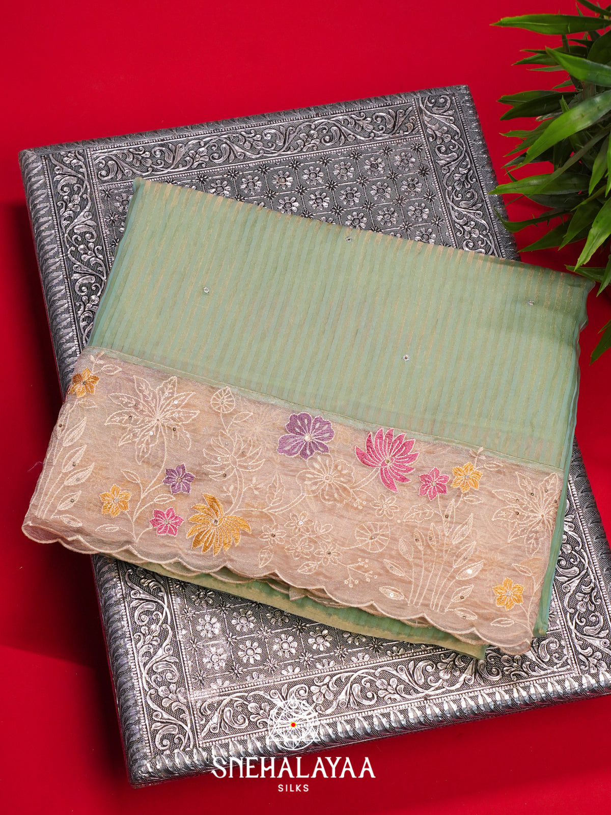 Mint Green Embroidery  Organza Saree