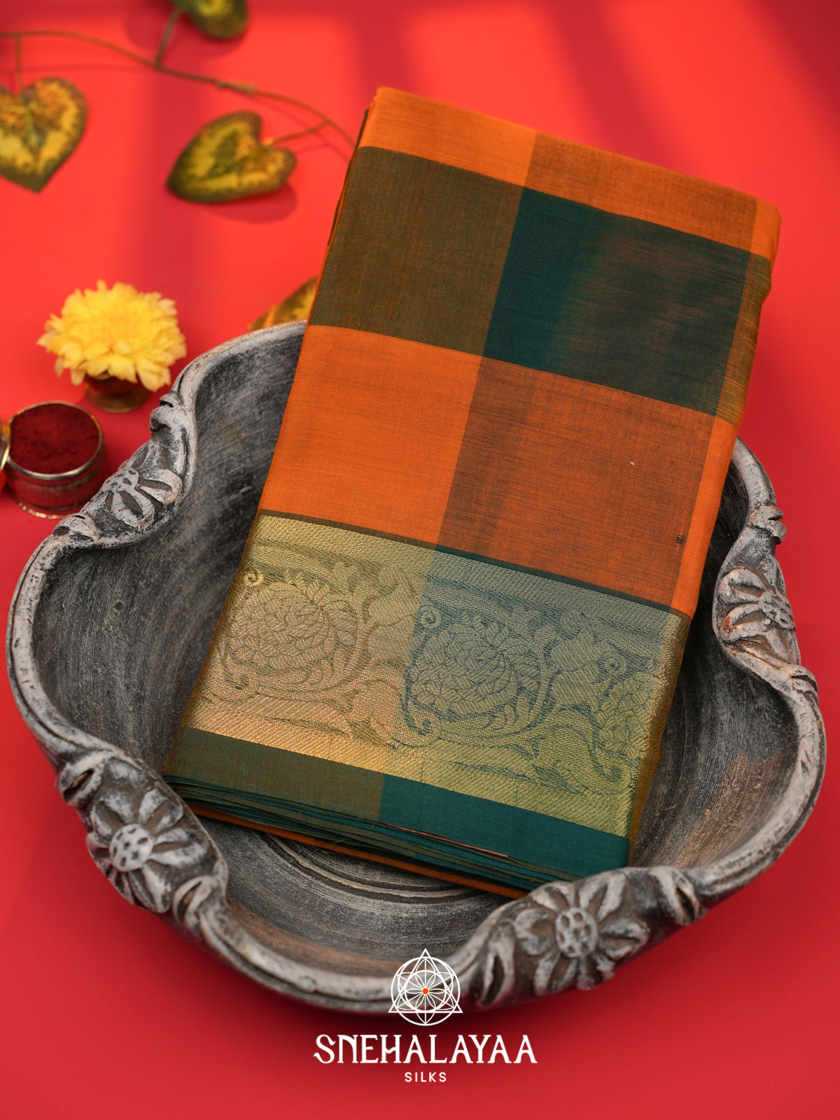 Orange with Bottle Green Checks Bengal Silk Cotton Saree