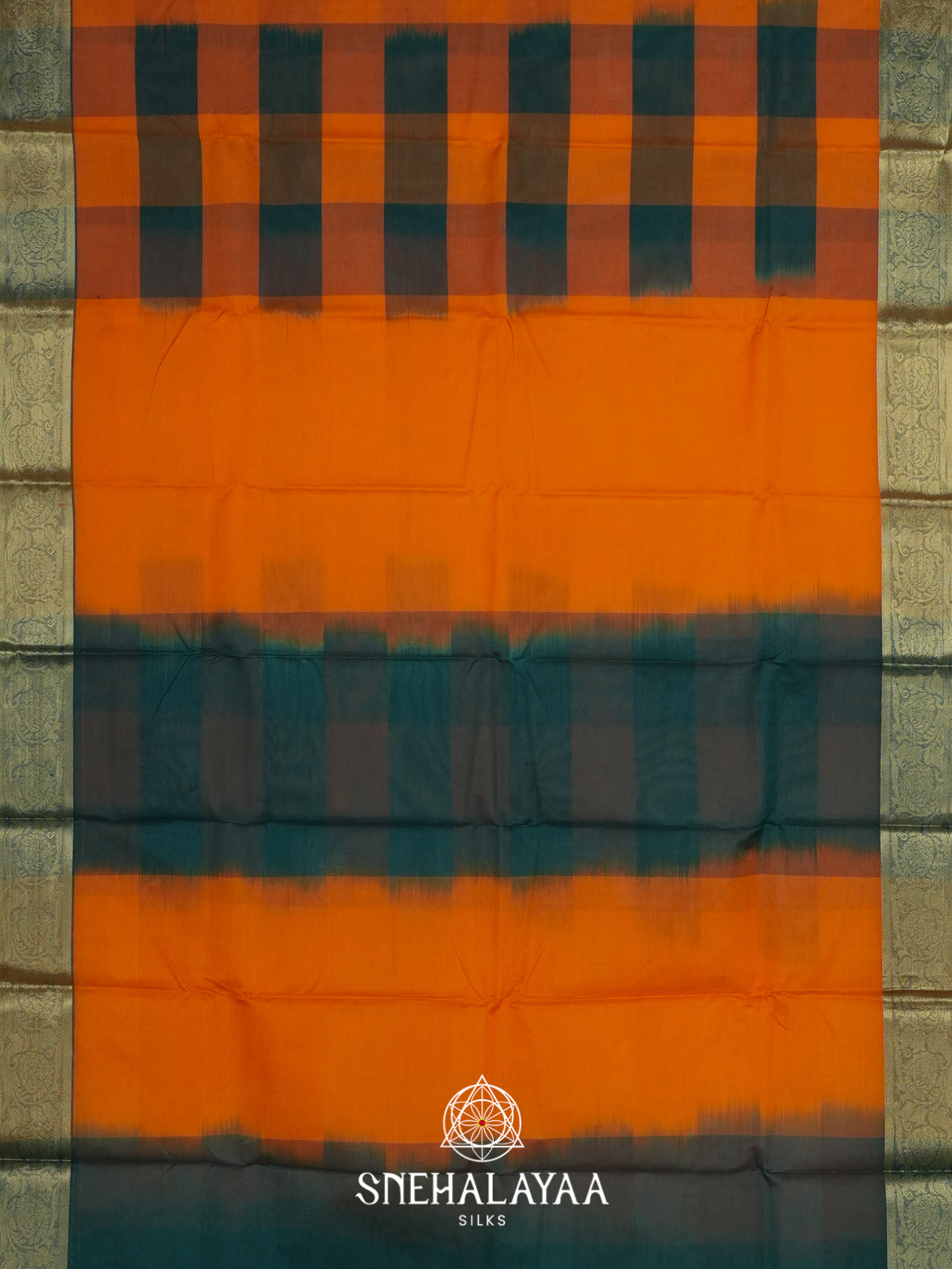 Orange with Bottle Green Checks Bengal Silk Cotton Saree