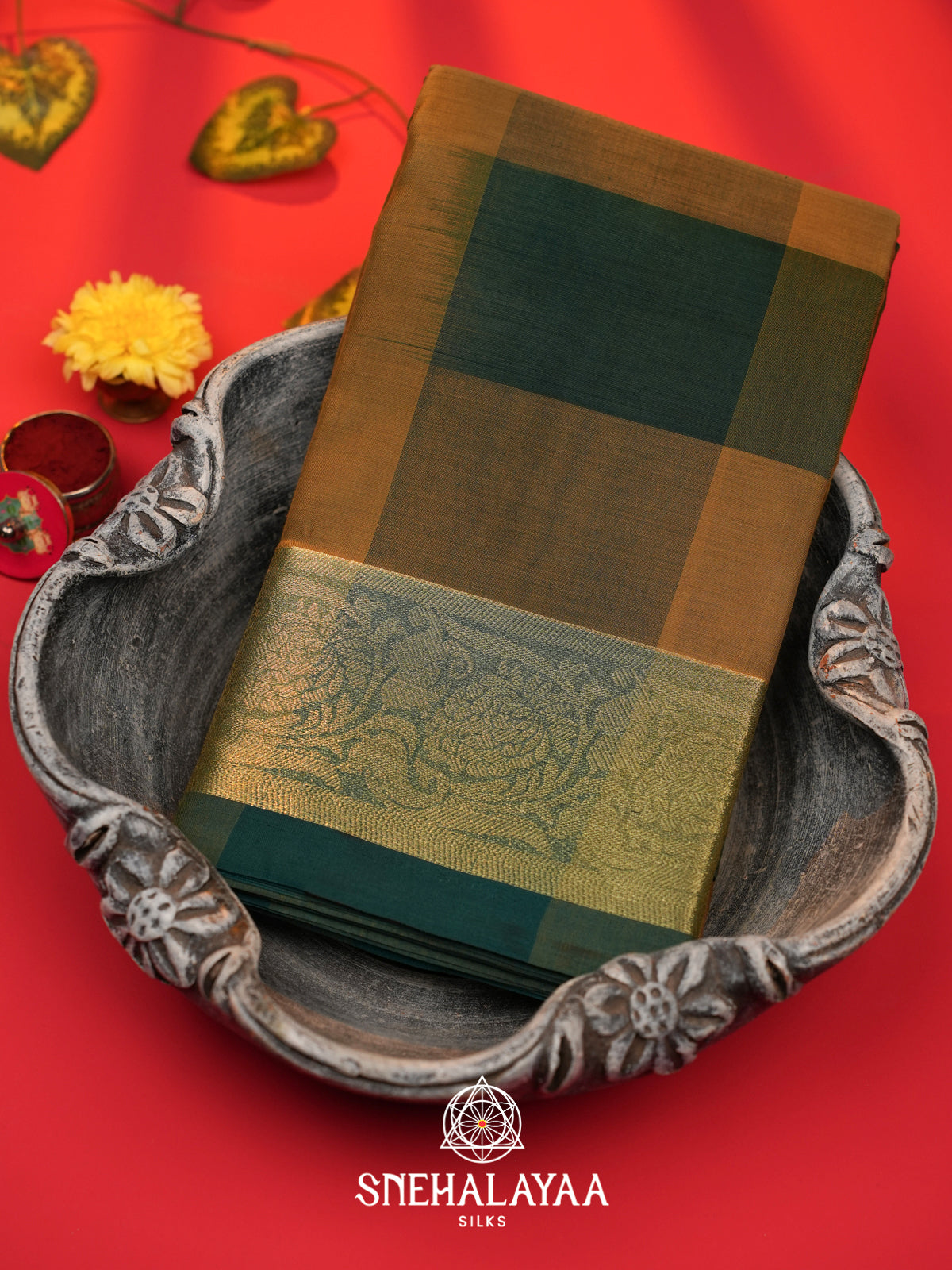 Mustard Gold with Green Checks Bengal Silk Cotton Saree