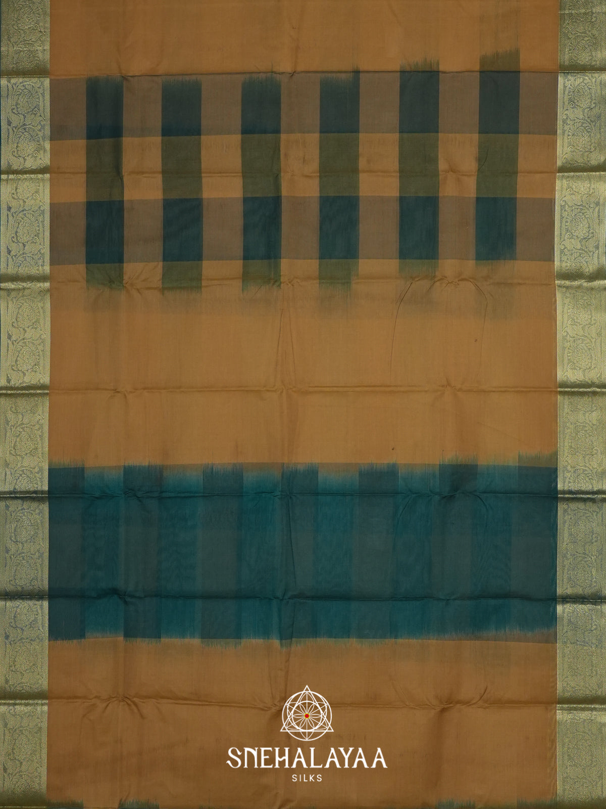 Mustard Gold with Green Checks Bengal Silk Cotton Saree