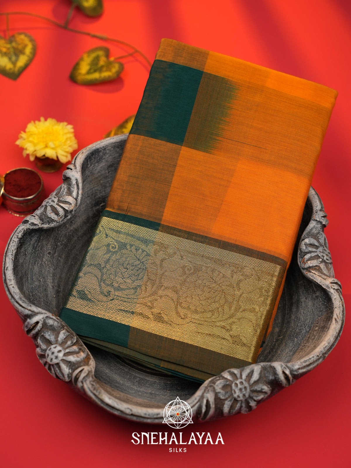 Orange with Green Checks Bengal Silk Cotton Saree