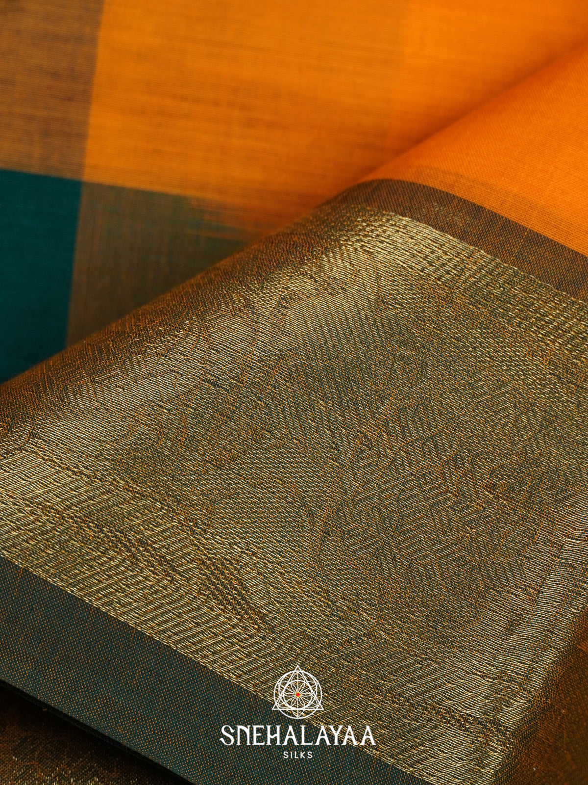 Orange with Green Checks Bengal Silk Cotton Saree
