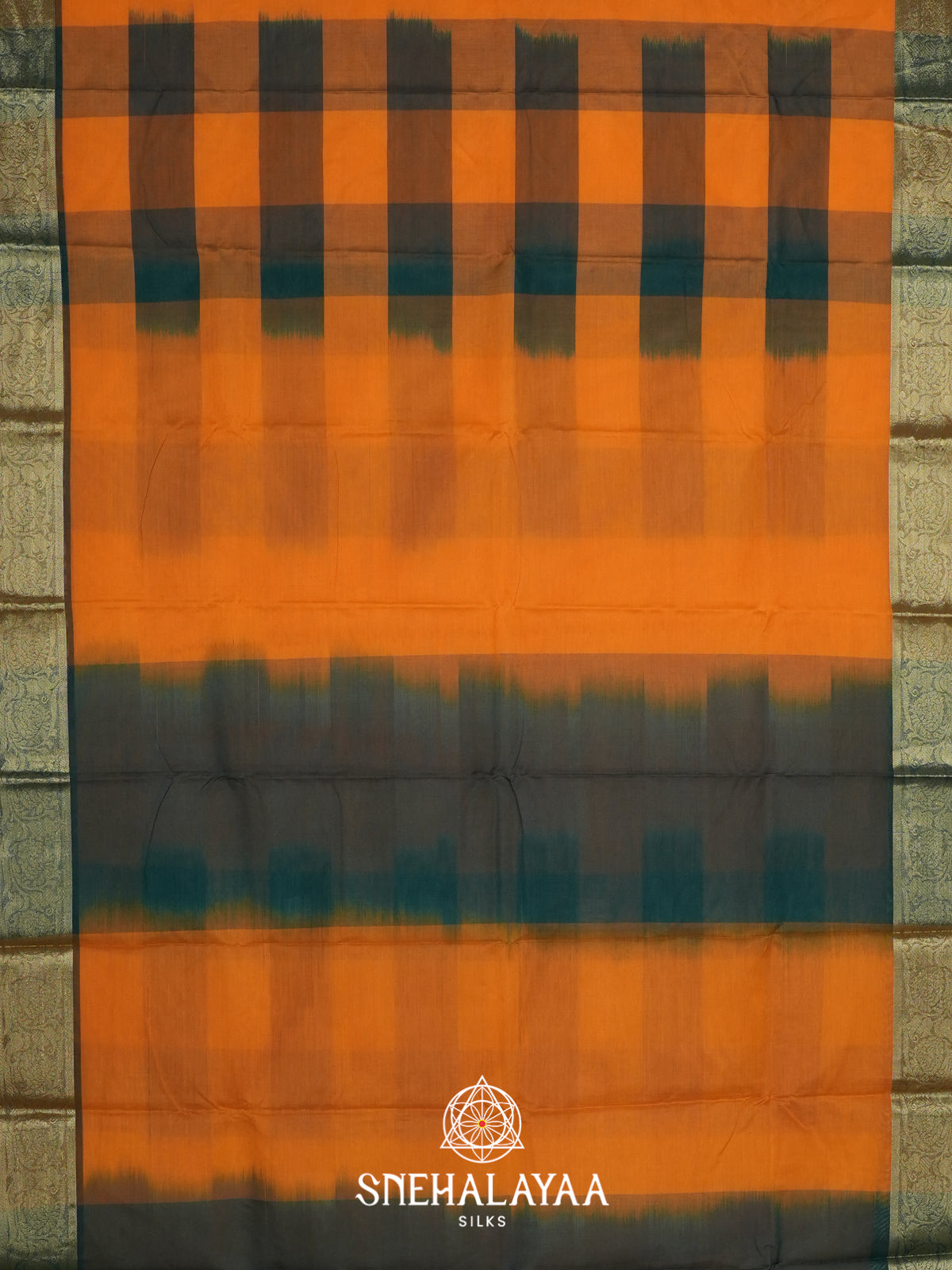 Orange with Green Checks Bengal Silk Cotton Saree