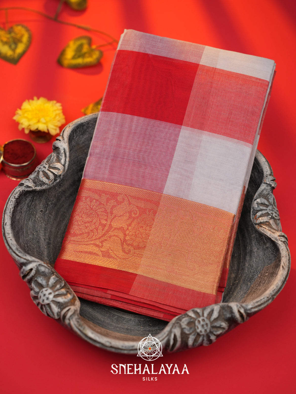 White with Red Checks Bengal Silk Cotton Saree
