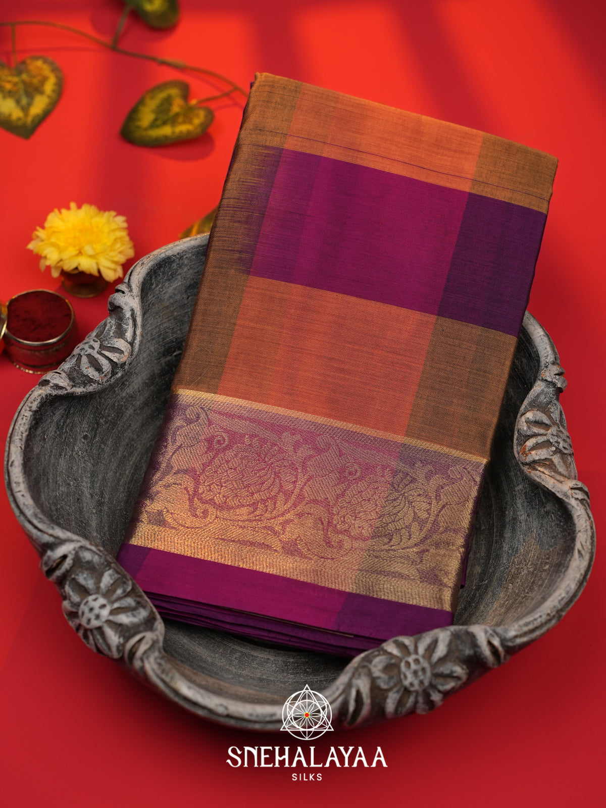 Brown with Magenta Checks Bengal Silk Cotton Saree