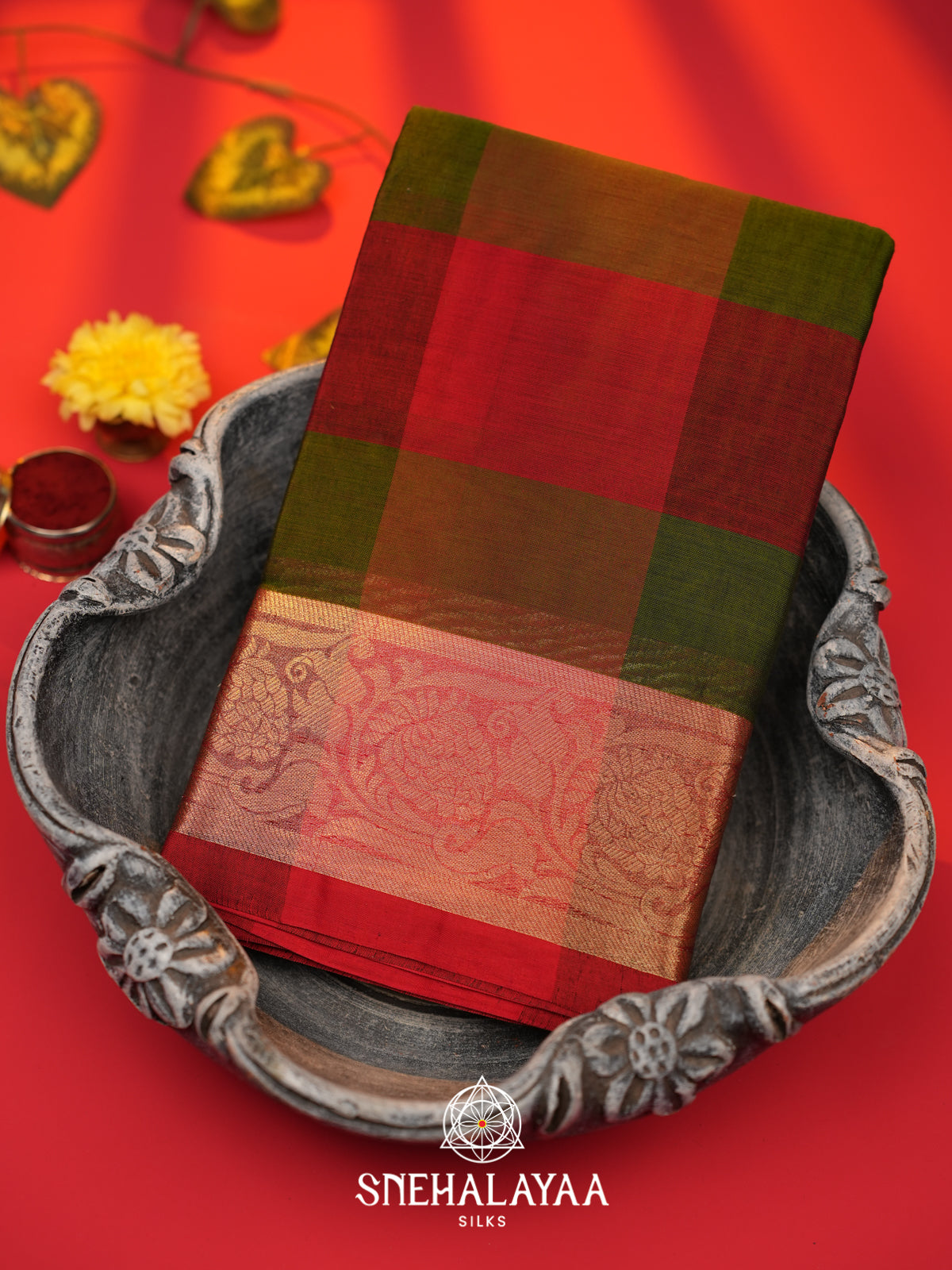Olive Green with Red Checks Bengal Silk Cotton Saree