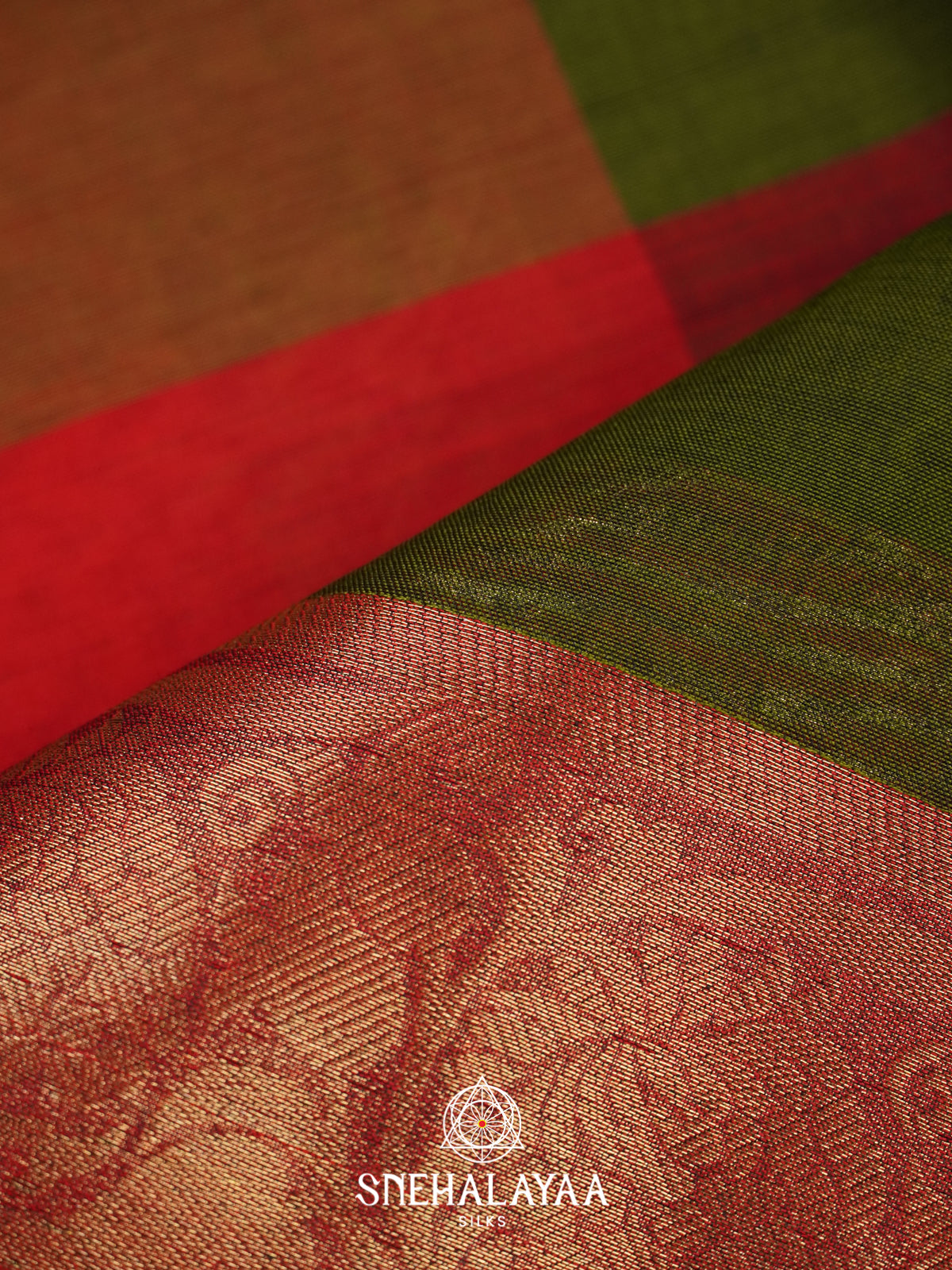 Olive Green with Red Checks Bengal Silk Cotton Saree