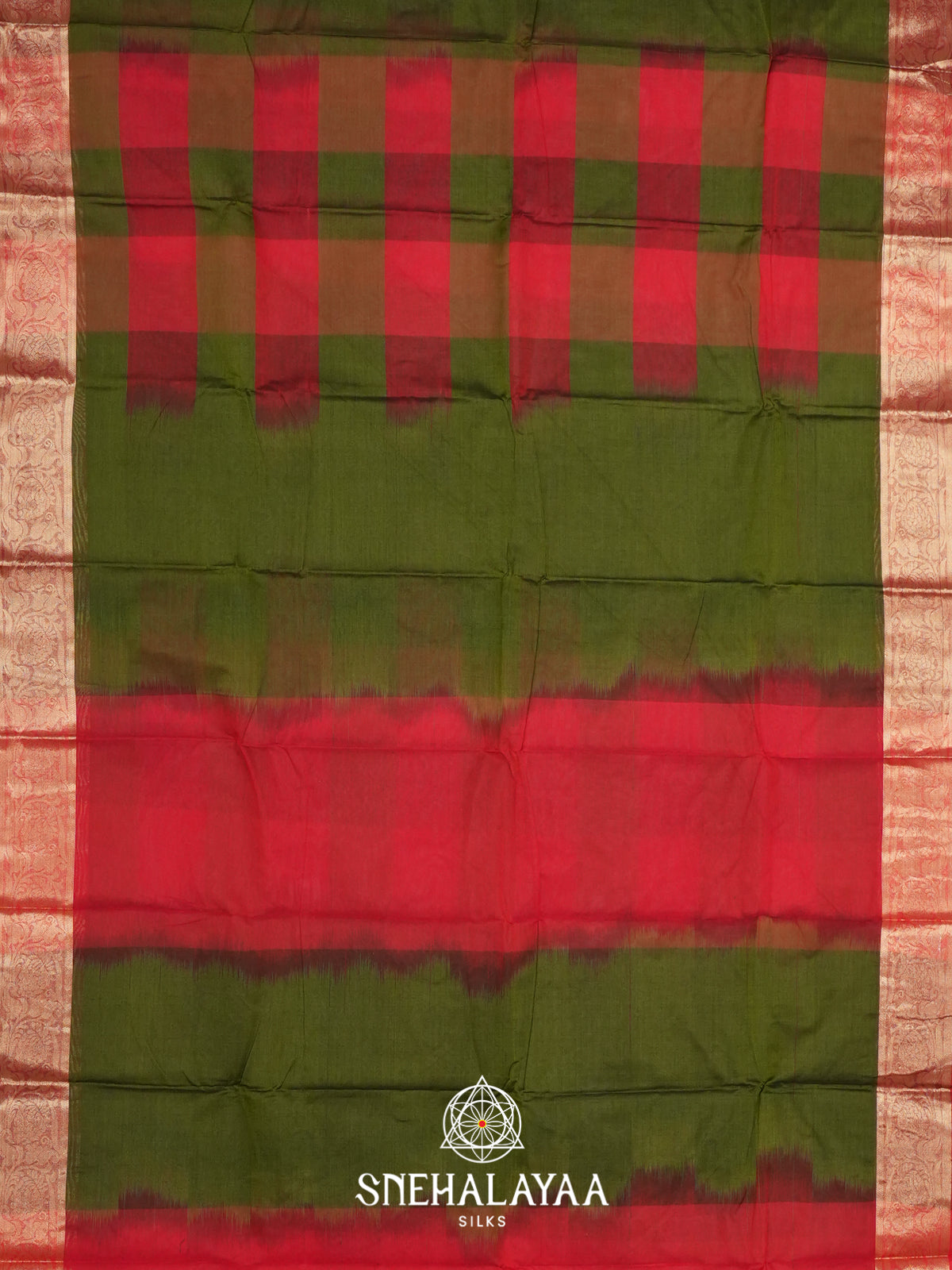 Olive Green with Red Checks Bengal Silk Cotton Saree