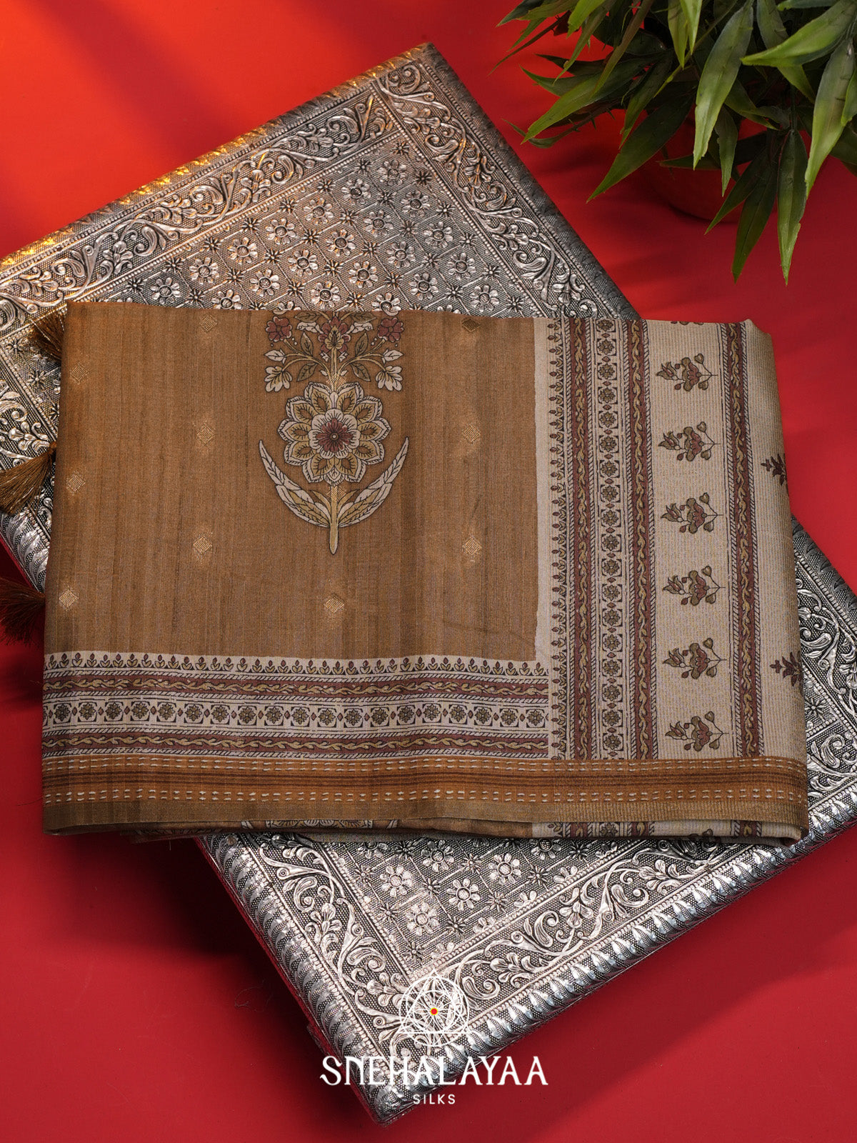 Khaki Brown Tussar Saree