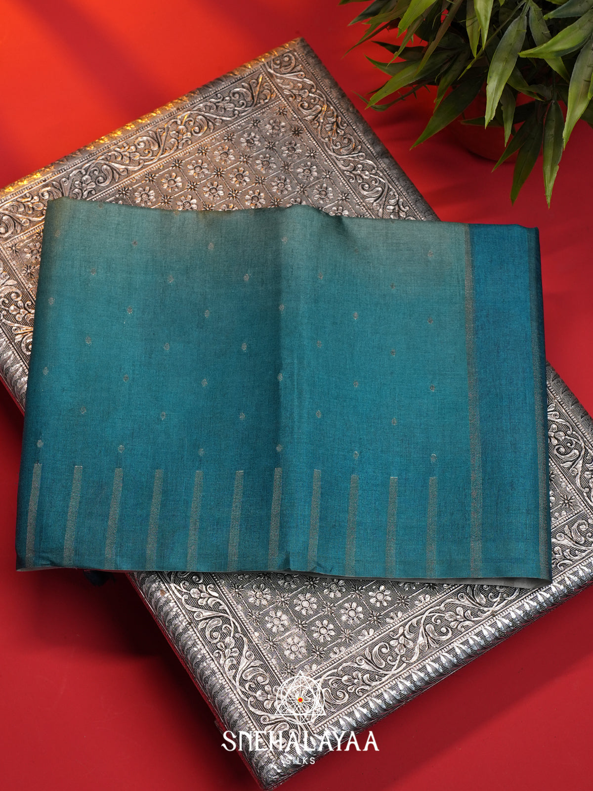 Teal Blue Tussar Saree