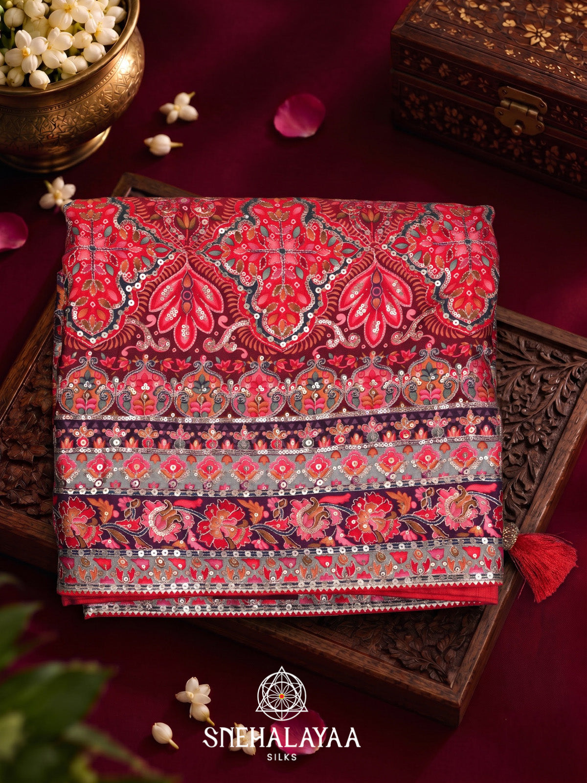 Red Designer Saree with Sequin Work & Readymade Blouse