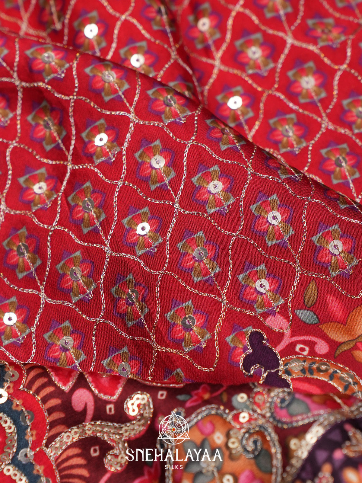 Red Designer Saree with Sequin Work & Readymade Blouse