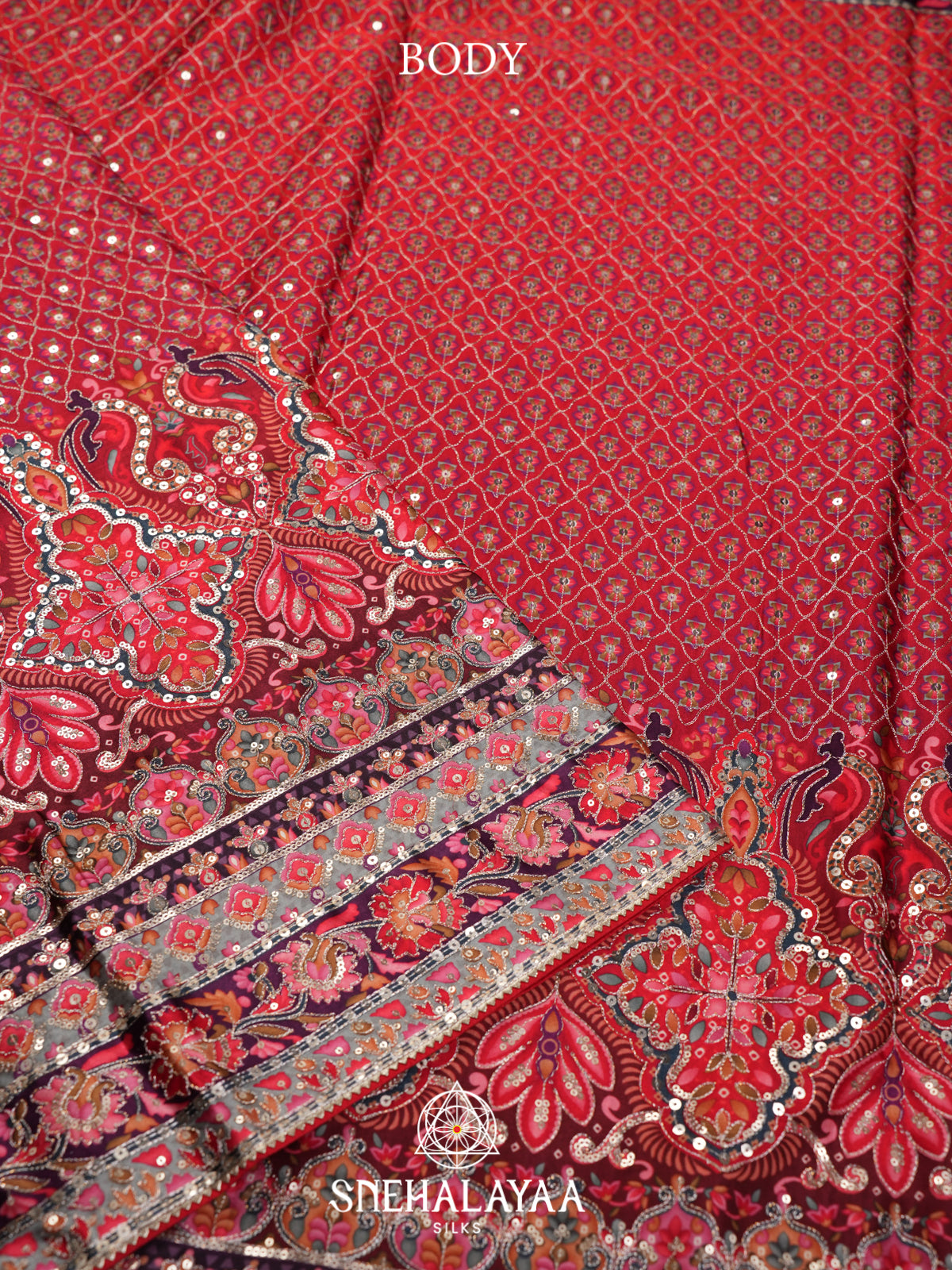 Red Designer Saree with Sequin Work & Readymade Blouse