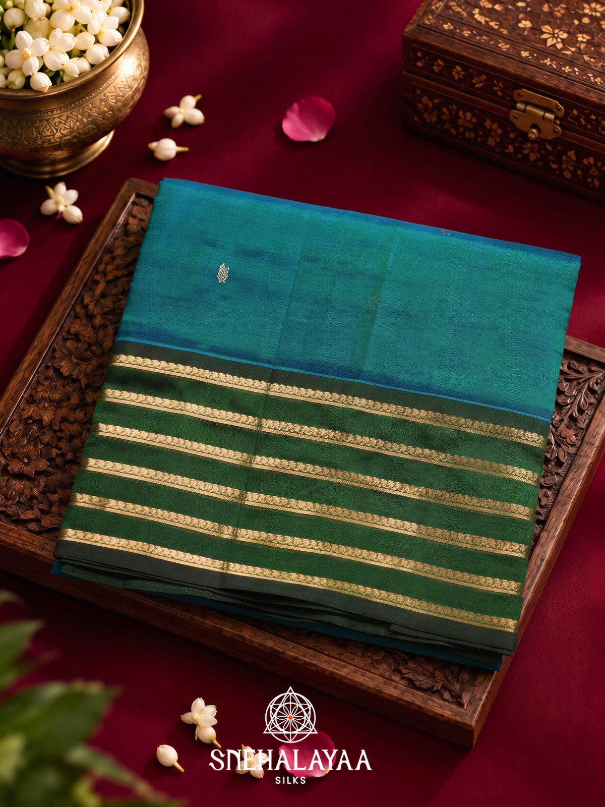 Peacock Blue Silk Cotton Saree with Green Zari Border
