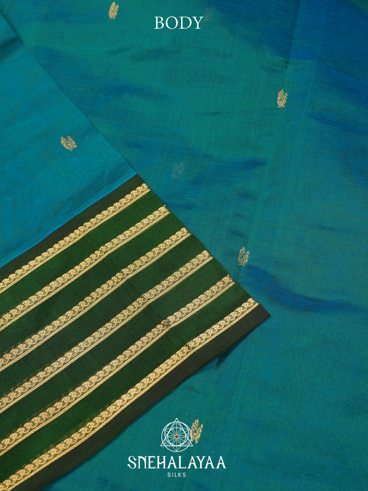 Peacock Blue Silk Cotton Saree with Green Zari Border