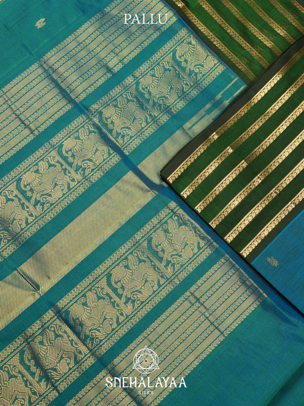 Peacock Blue Silk Cotton Saree with Green Zari Border