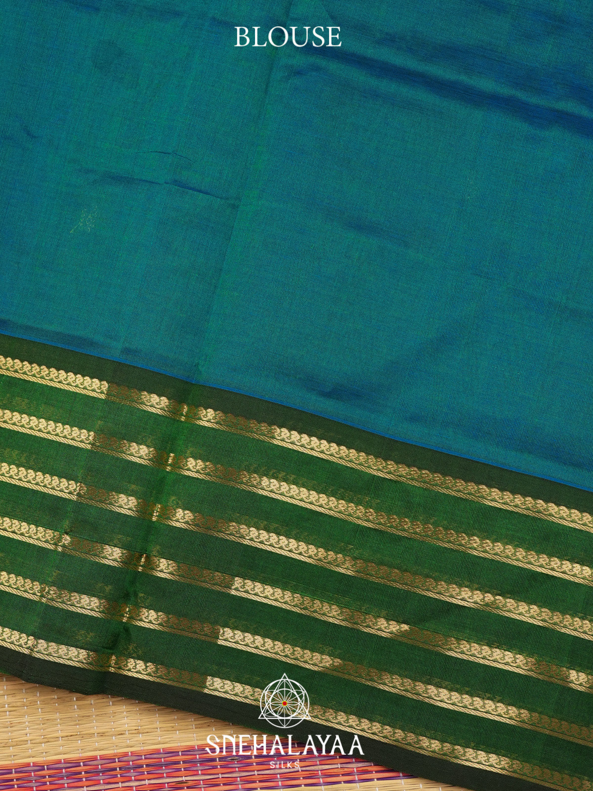 Peacock Blue Silk Cotton Saree with Green Zari Border