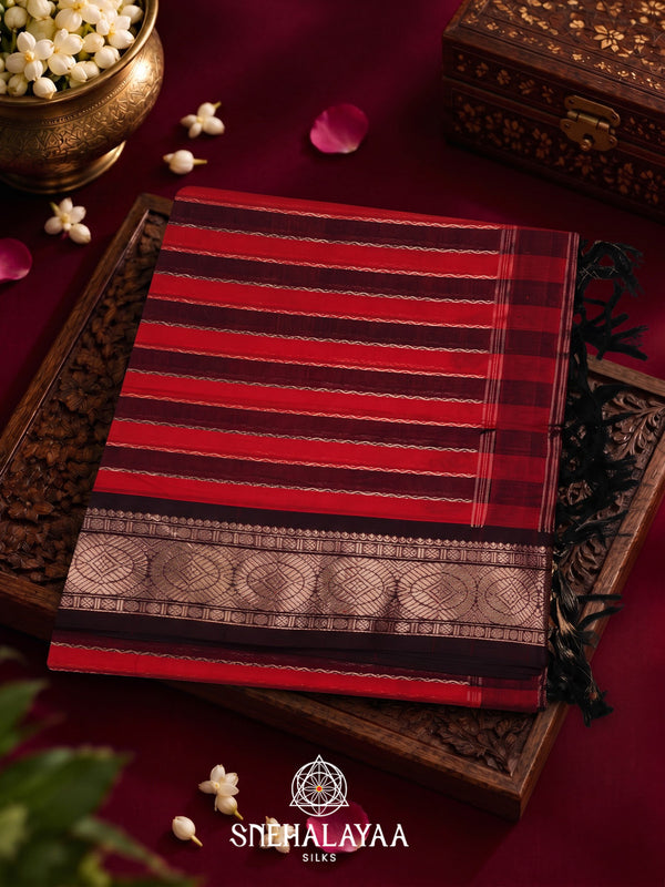 Red and Maroon Striped Silk Cotton Saree