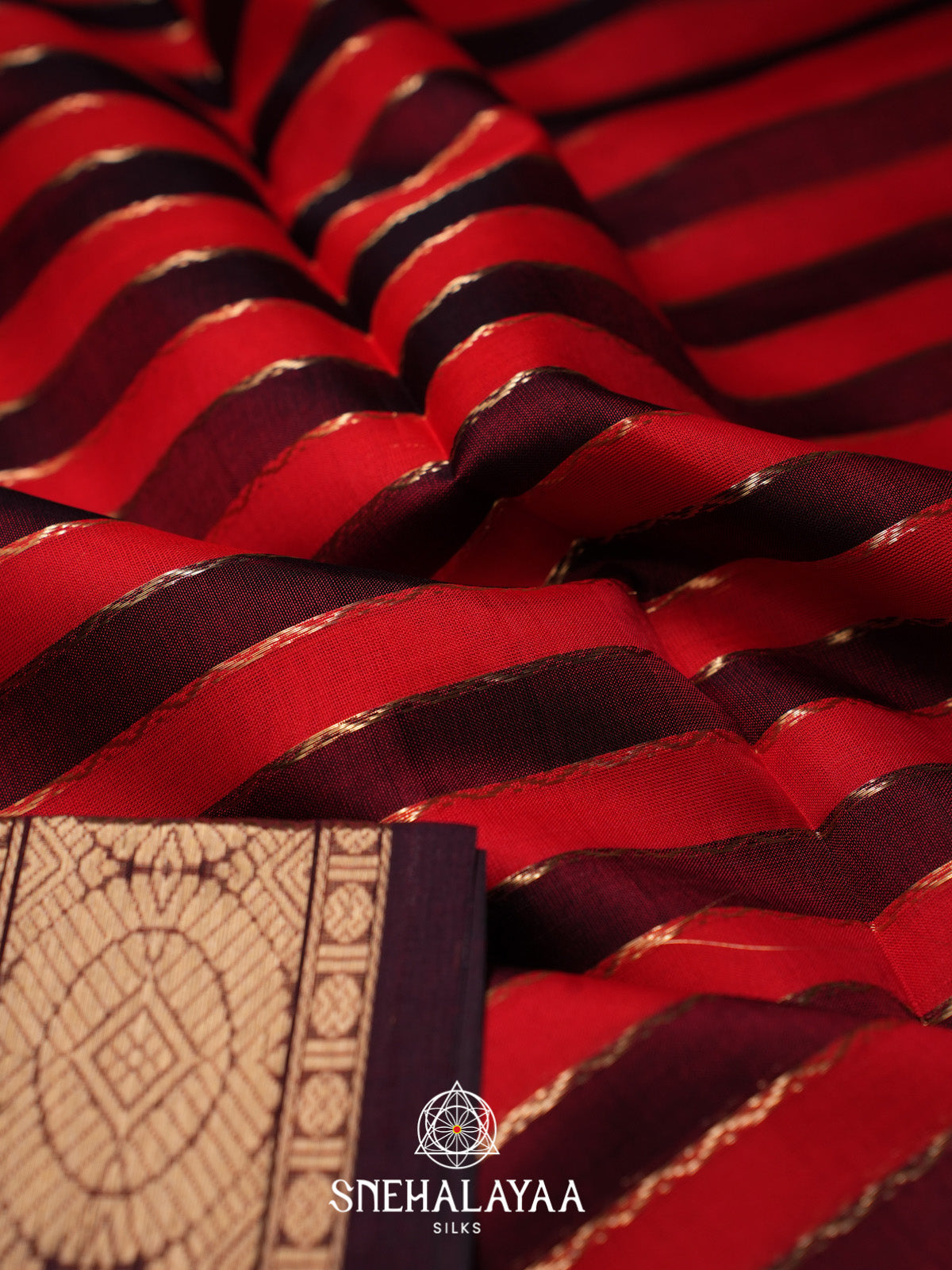 Red and Maroon Striped Silk Cotton Saree
