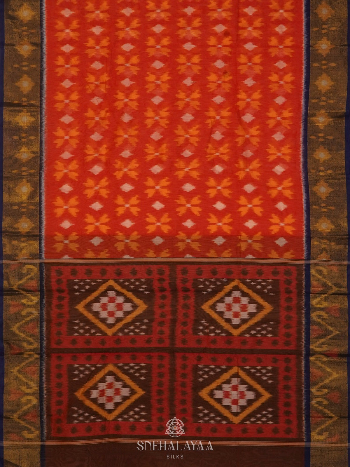 Orange Ikat Silk Cotton Saree with Traditional Woven Border