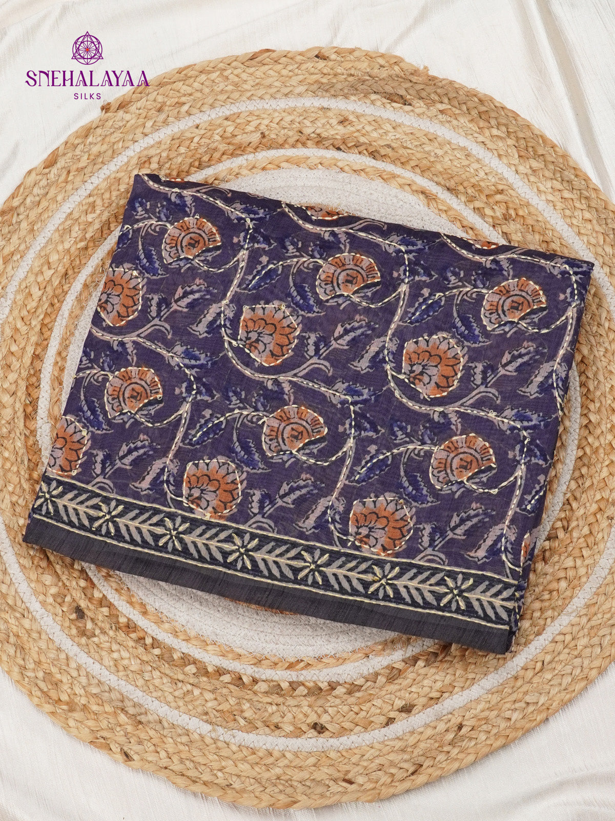 Navy Blue Linen Embroidery Saree