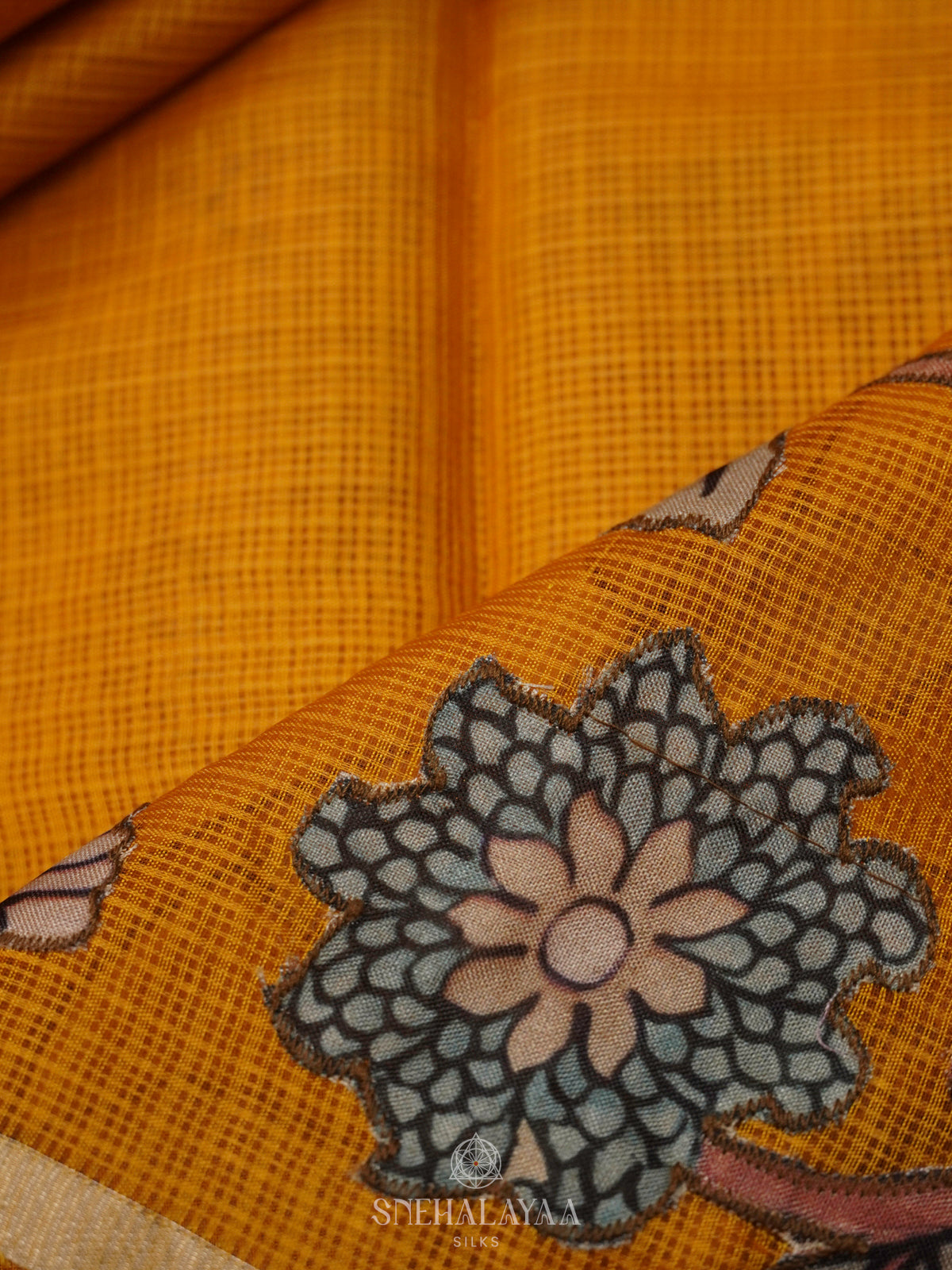 Mango Yellow Kota Embroidery Saree