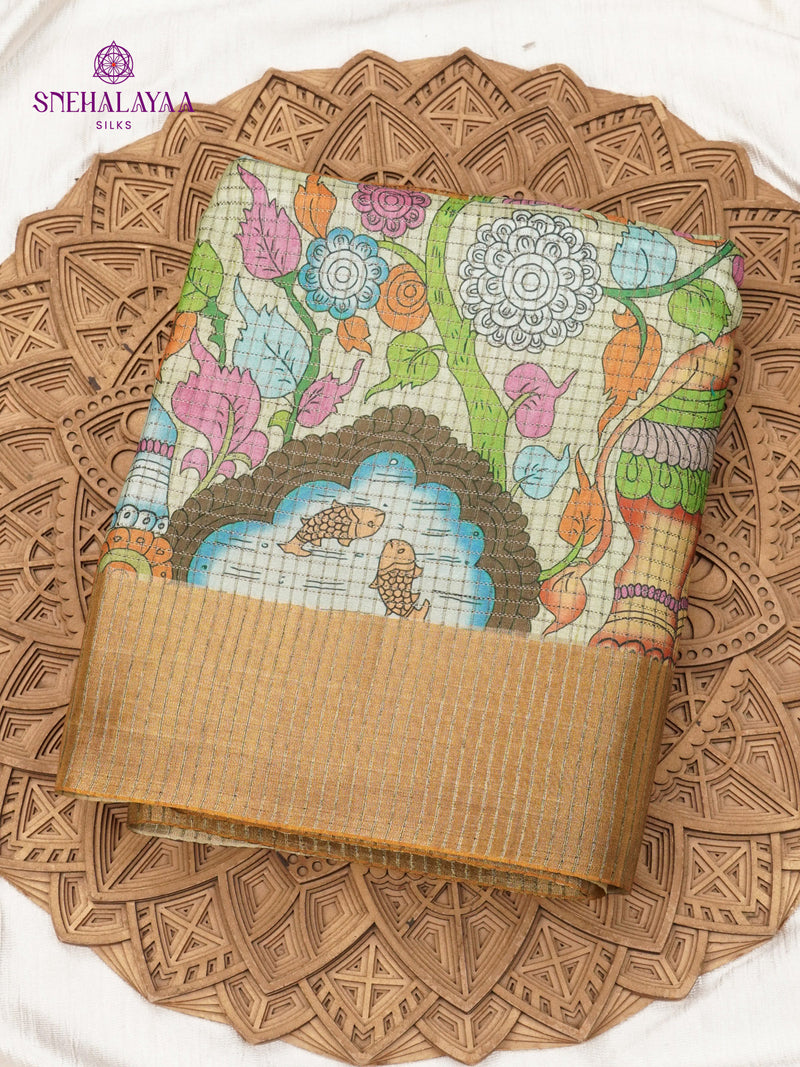 Beige Floral Printed Tussar Saree