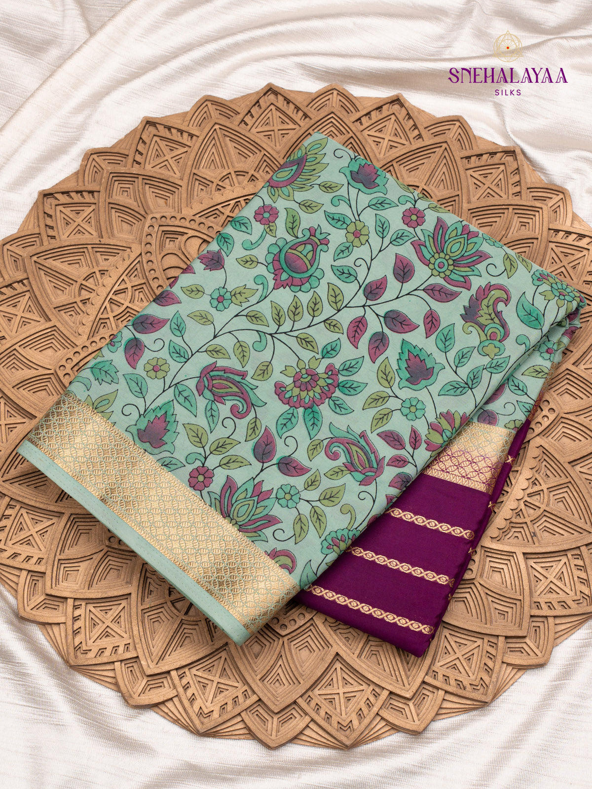 Burgundy Printed Mysore Silk Saree