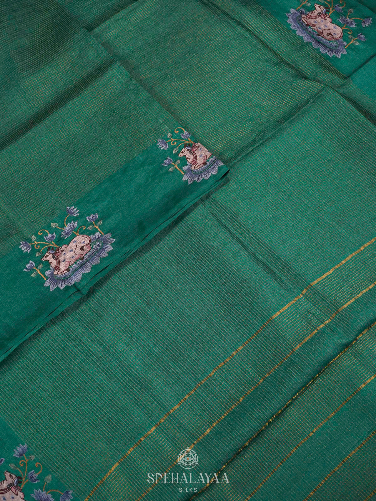 Peacock Blue Tussar Embroidery Saree