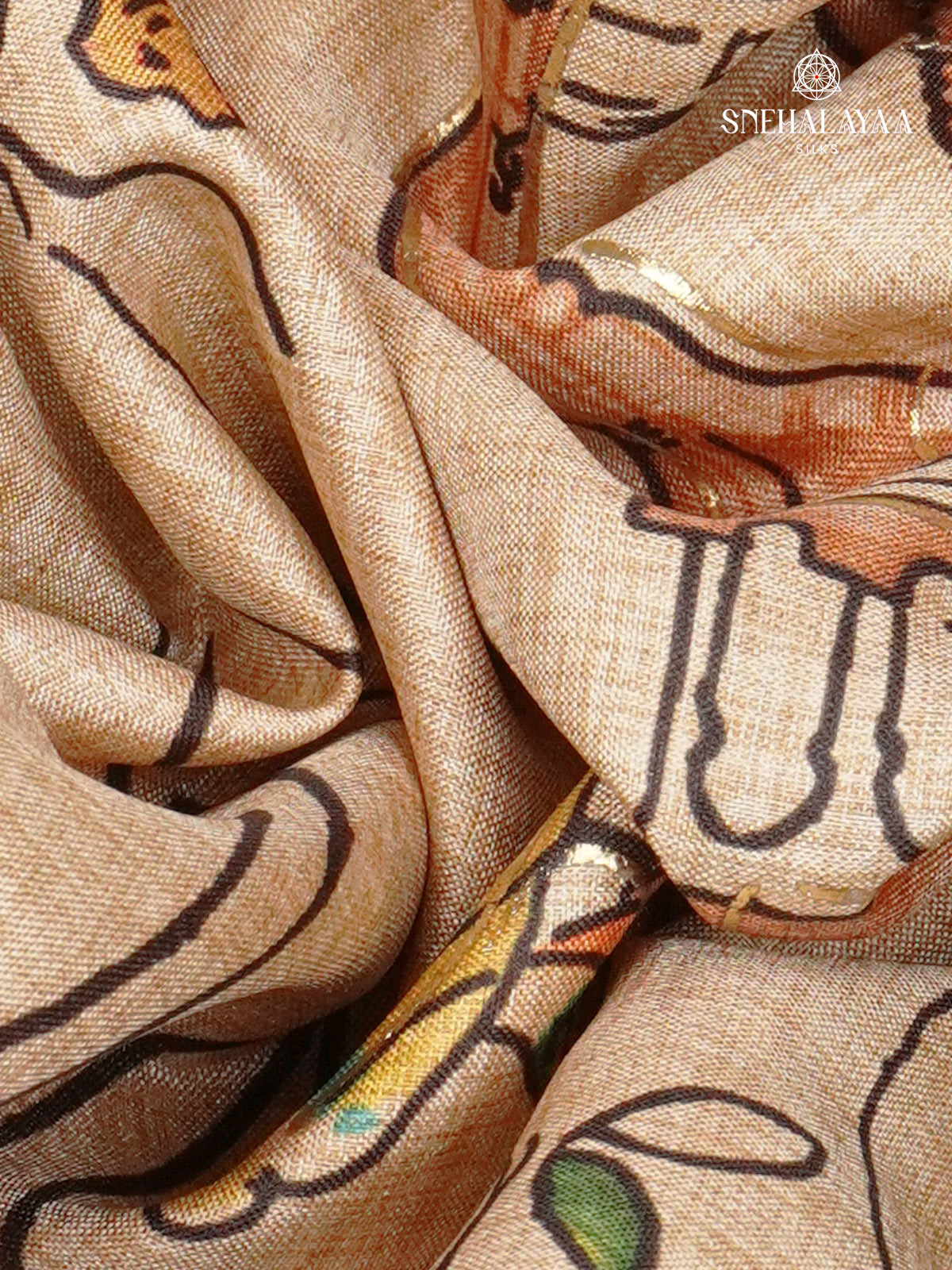 Beige With Olive Green Floral Printed Tussar Saree