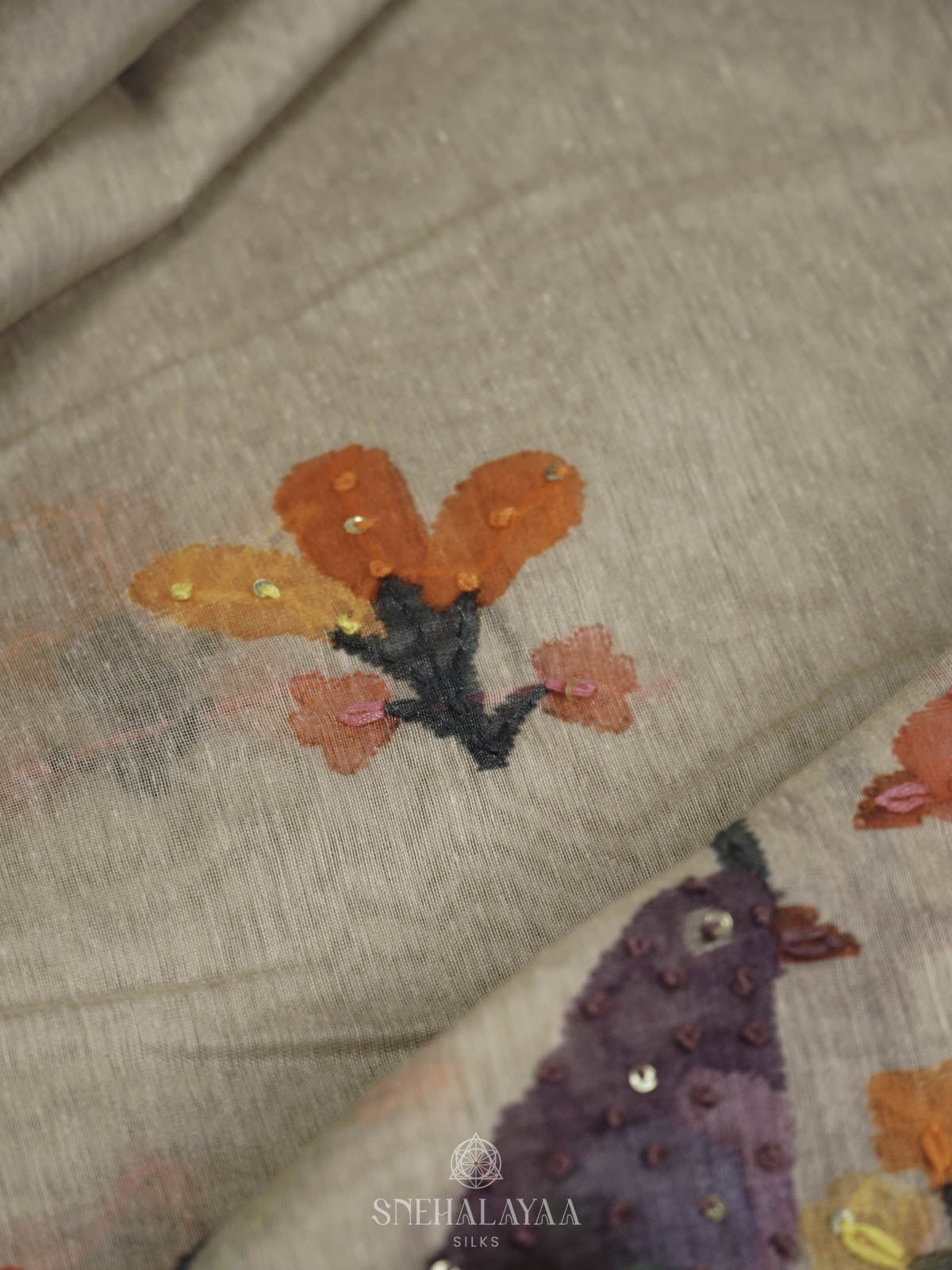 Beige Linen Embbroidery Saree