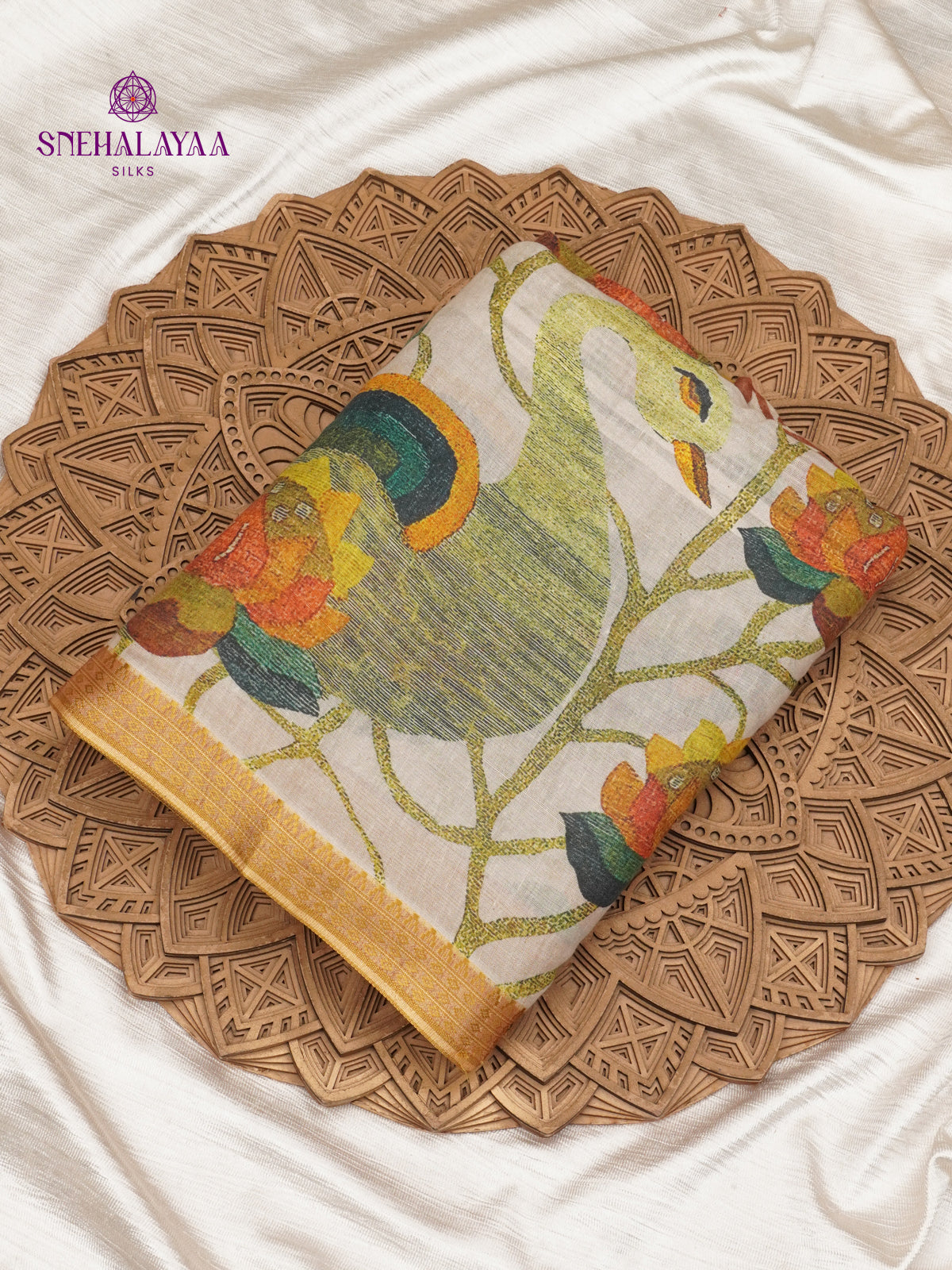 Off White Printed Linen Cotton Saree