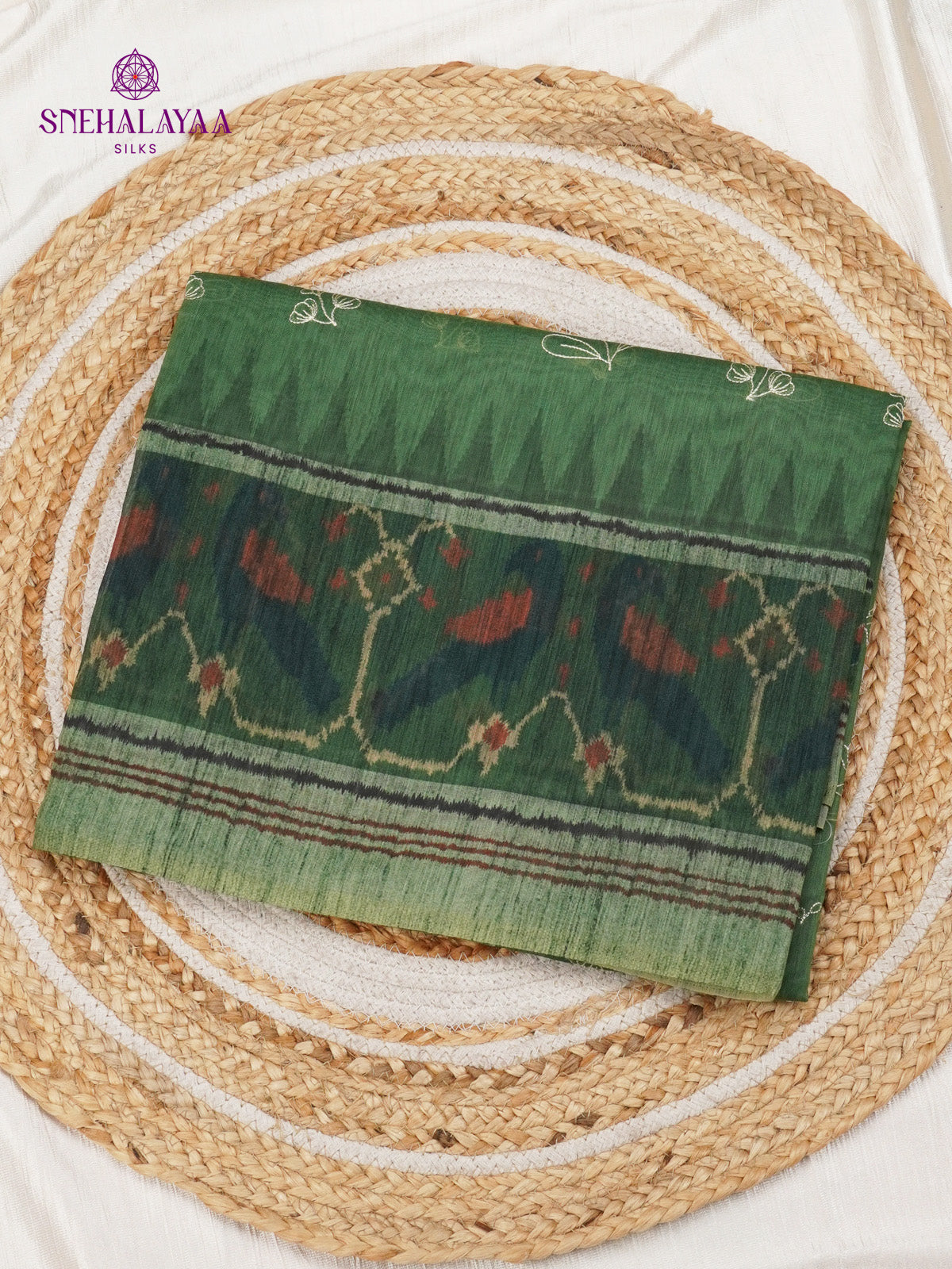 Forest Green Linen Embroidery Saree