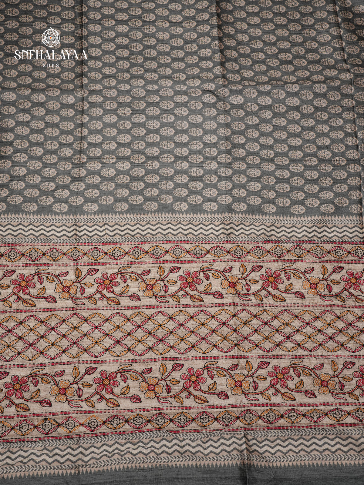 Grey Tussar Embroidery Saree