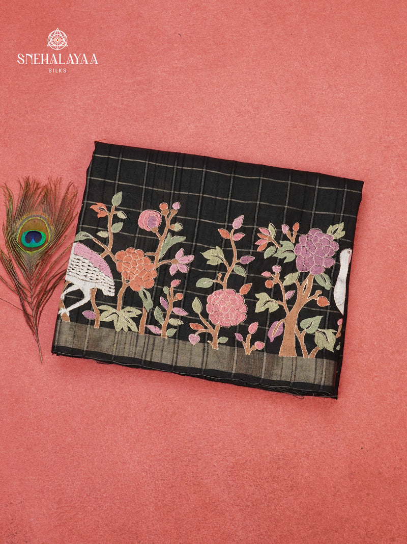Black Munga Tussar Embroidery Saree
