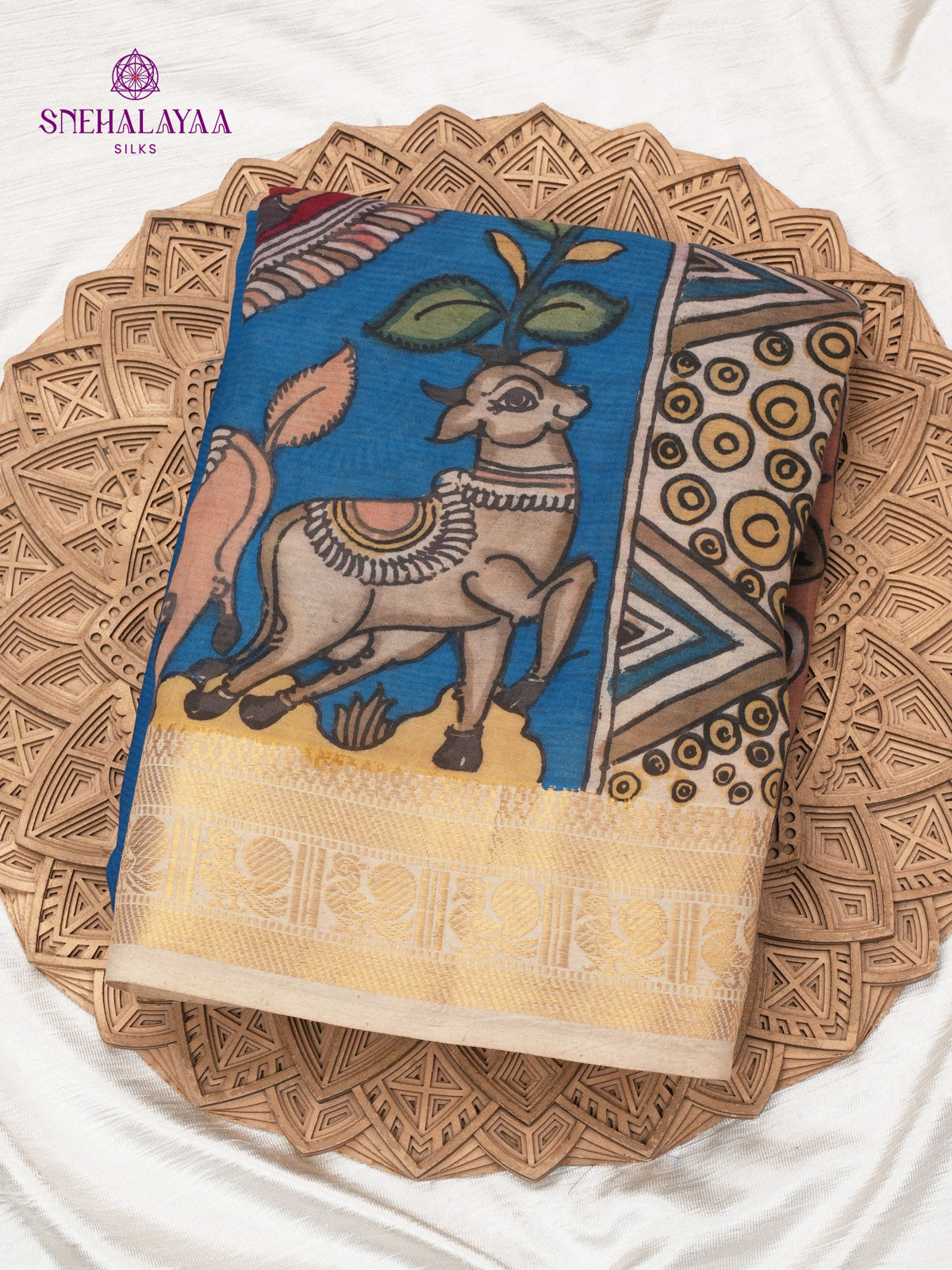 Royal Blue Kalamkari Hand Painted Saree